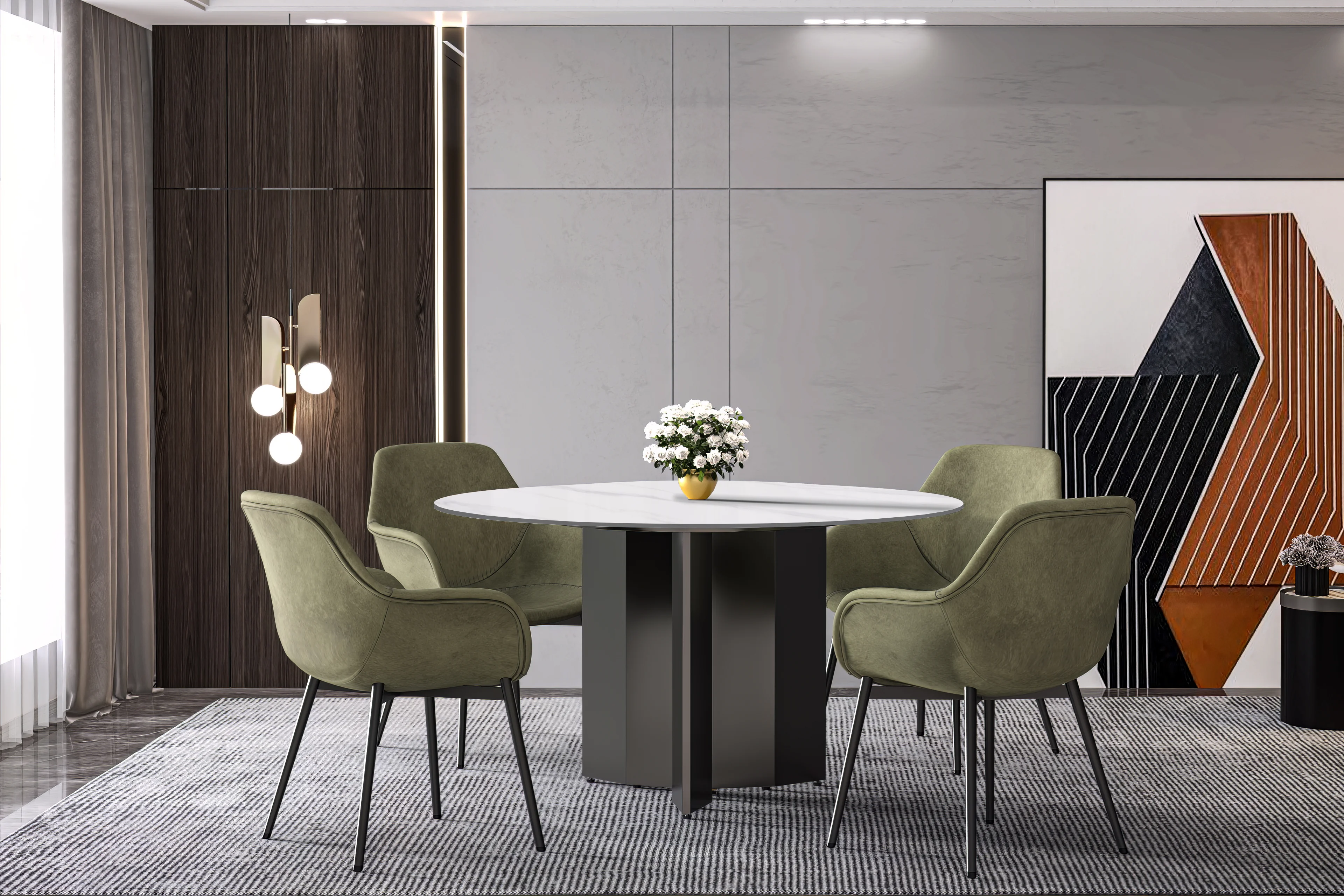 Zevro Series Round Dining Table Black Base with 60 Round White Sintered Stone Top