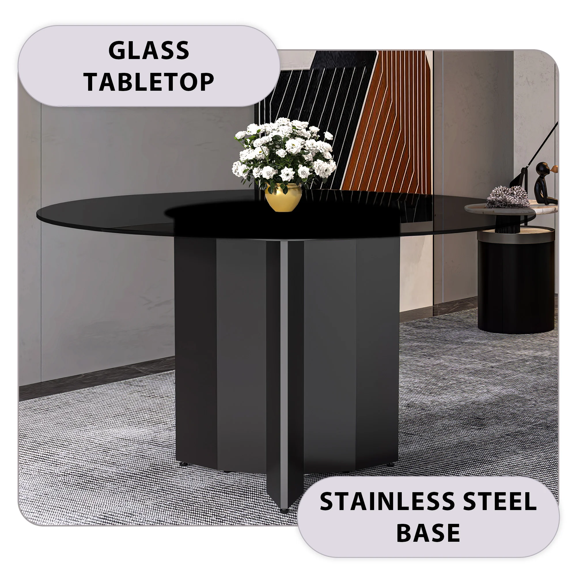 Zevro Series Round Dining Table Black Base with 71 Round BLack Glass Top