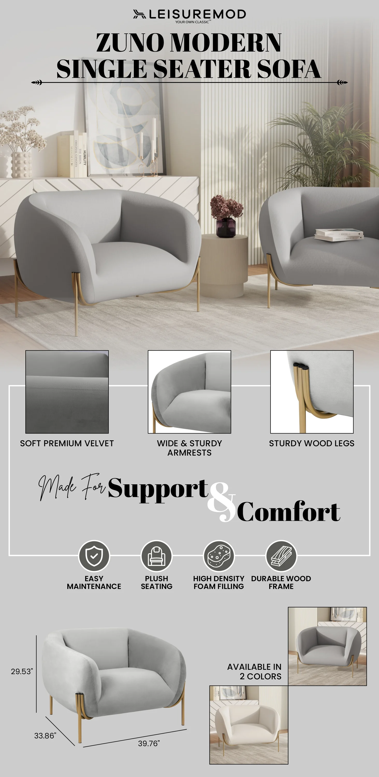 Zuno Collection Modern Single Seater Sofa in Light Grey Velvet