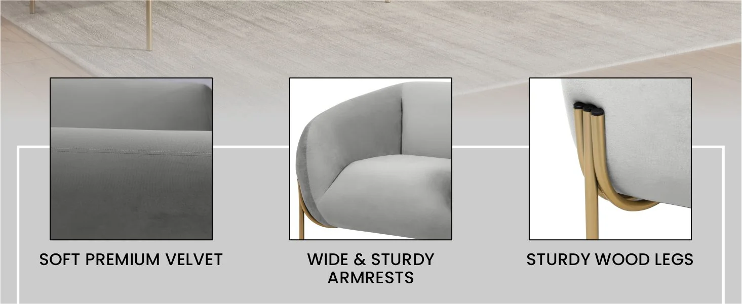 Zuno Collection Modern Single Seater Sofa in Light Grey Velvet