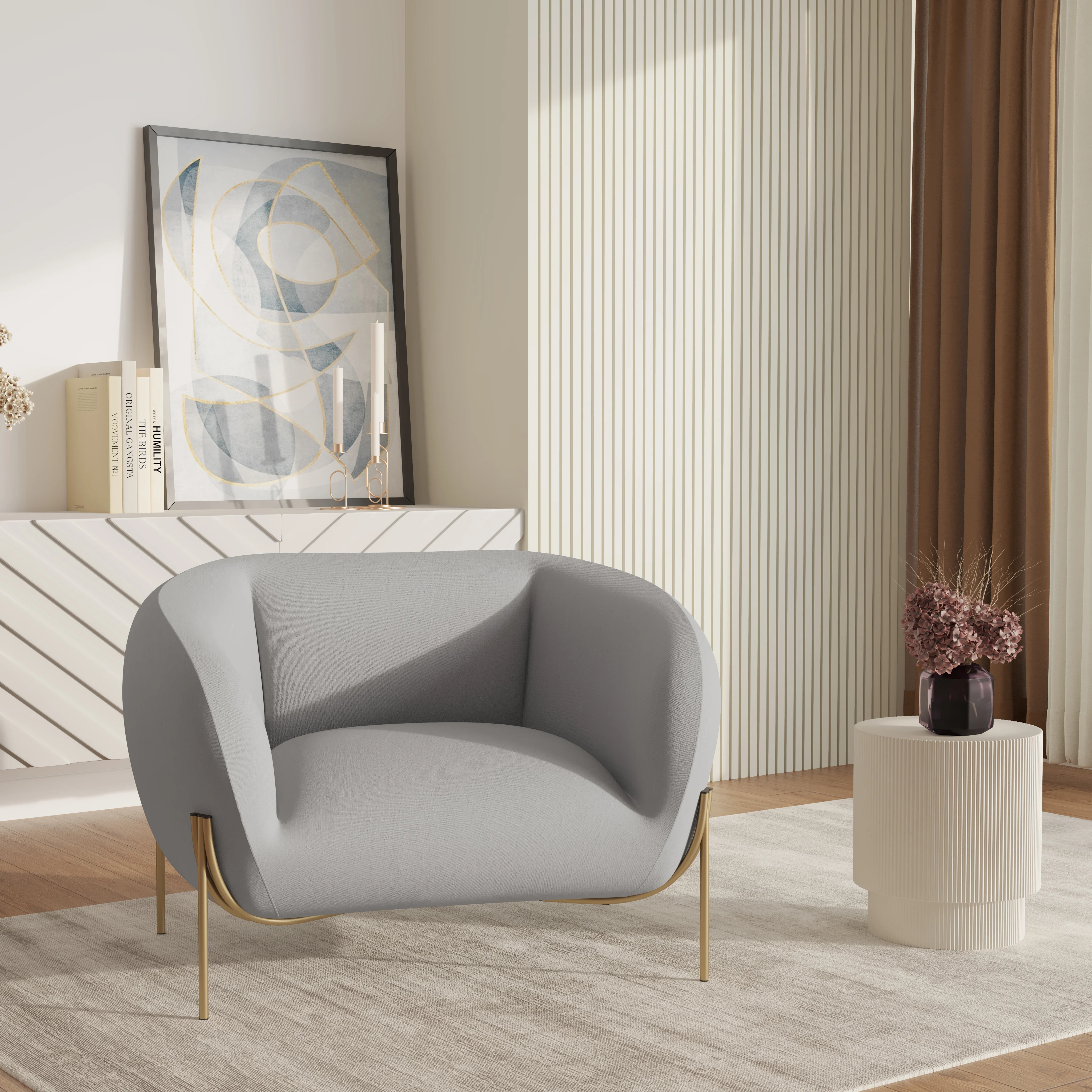 Zuno Collection Modern Single Seater Sofa in Light Grey Velvet