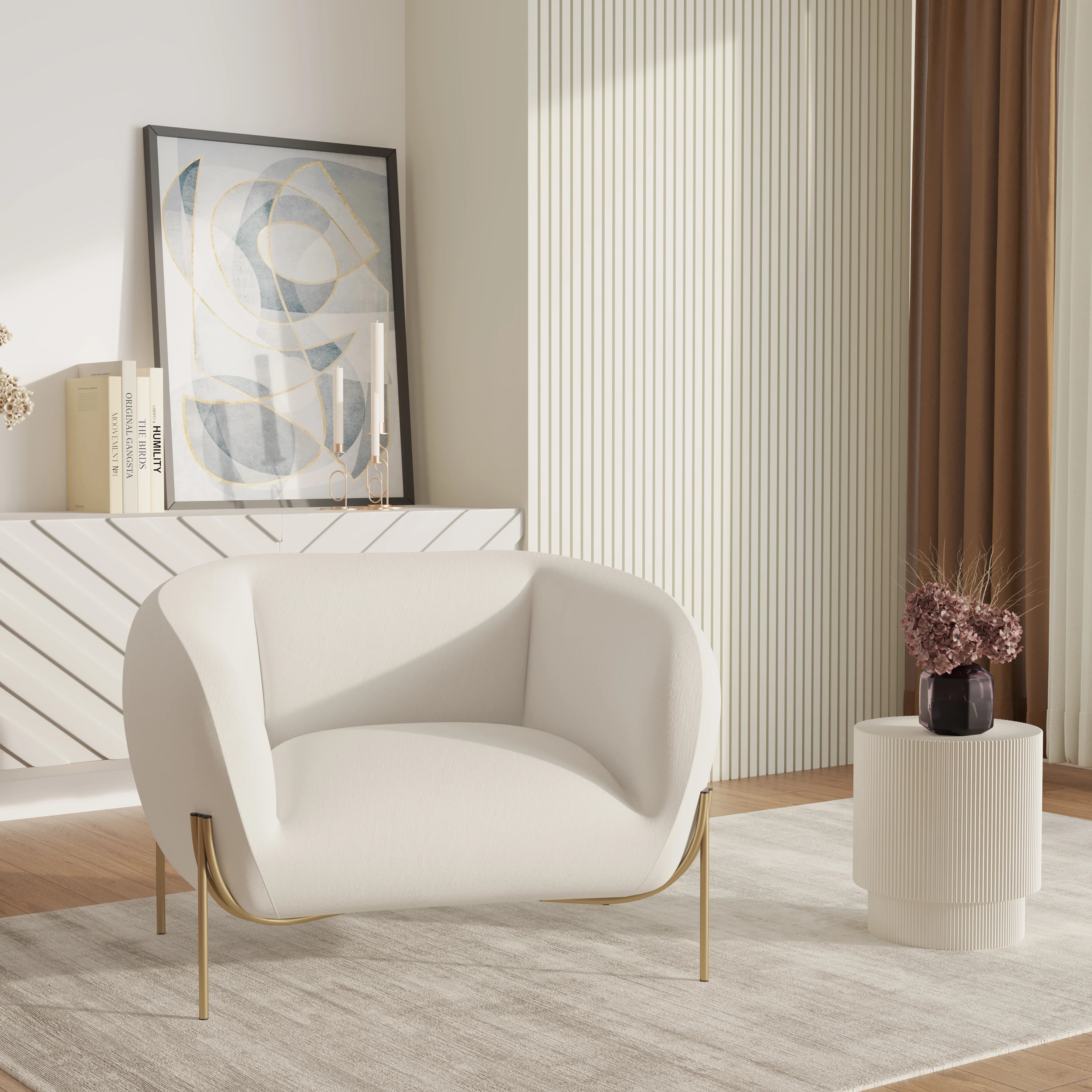 Zuno Collection Modern Single Seater Sofa in White Velvet