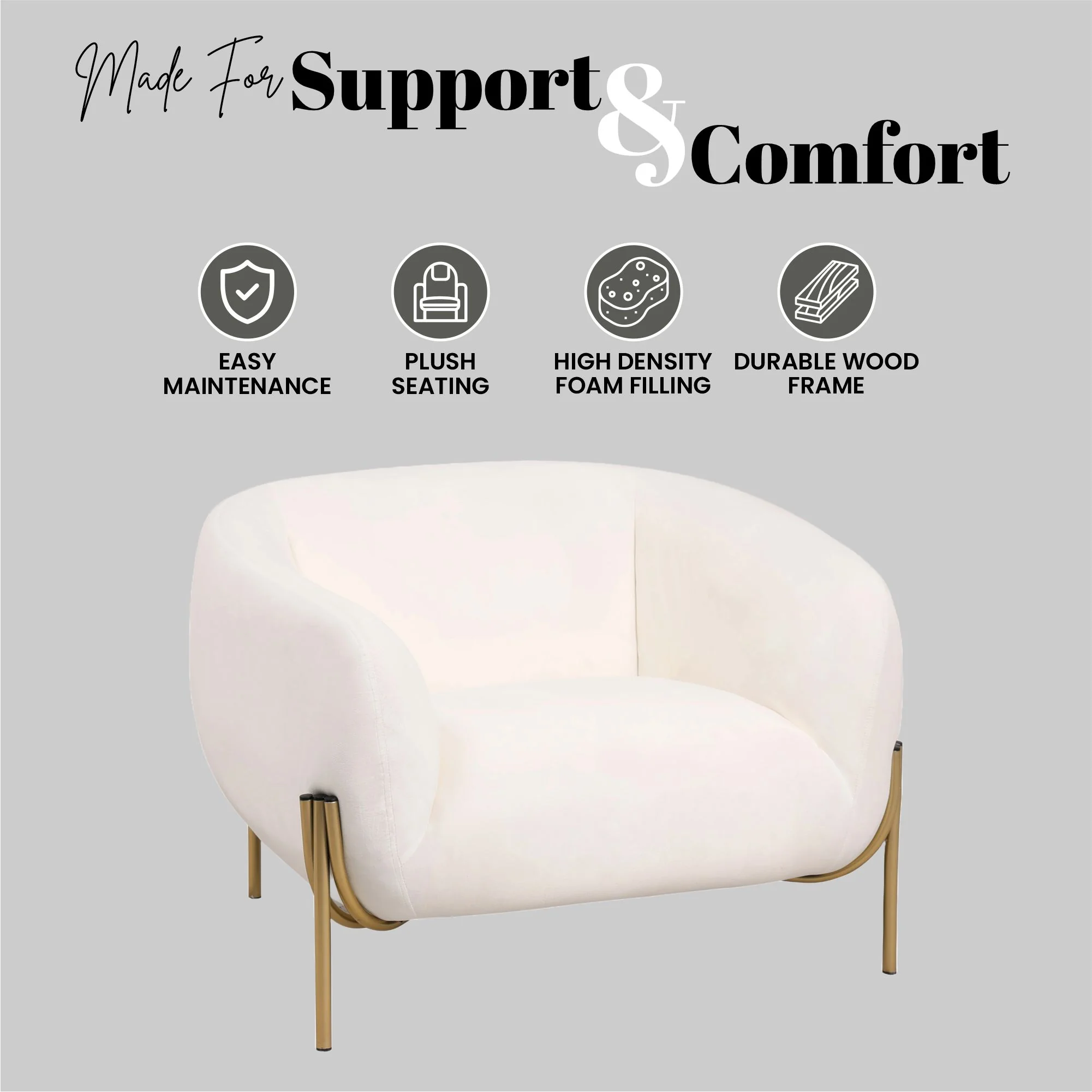 Zuno Collection Modern Single Seater Sofa in White Velvet