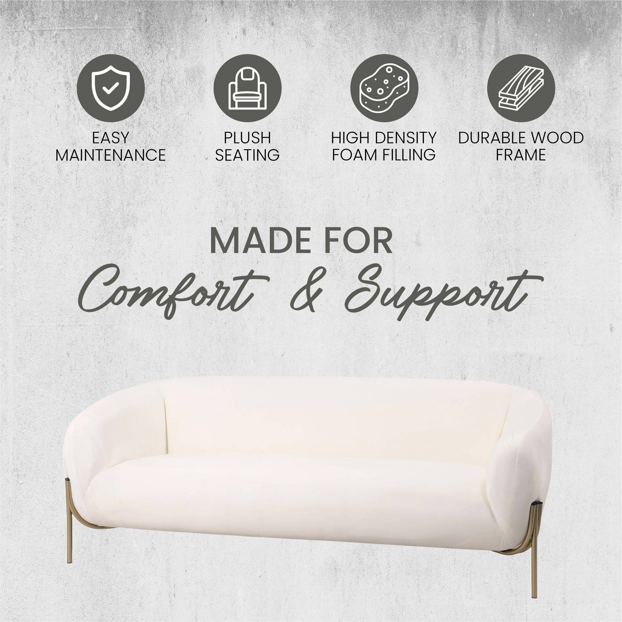 Zuno Three-Seater Sofa Upholstered in Velvet Wide Couch with Powder-Coated Gold Iron Legs Padded Seat