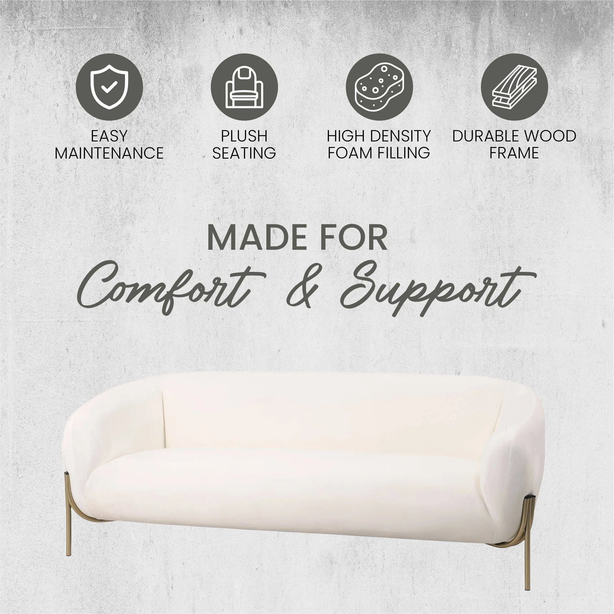 Zuno Three-Seater Sofa Upholstered in Velvet Wide Couch with Powder-Coated Gold Iron Legs Padded Seat