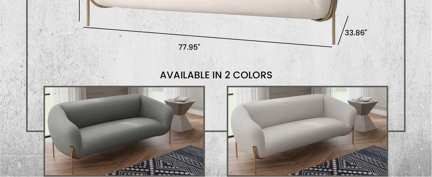 Zuno Three-Seater Sofa Upholstered in Velvet Wide Couch with Powder-Coated Gold Iron Legs Padded Seat