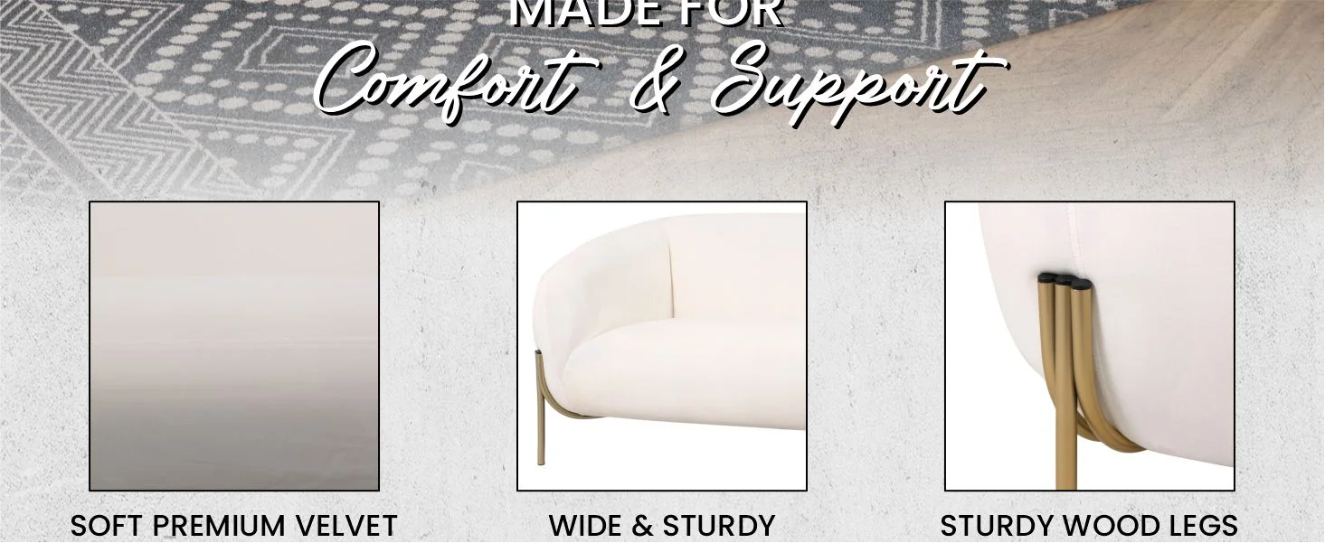 Zuno Three-Seater Sofa Upholstered in Velvet Wide Couch with Powder-Coated Gold Iron Legs Padded Seat