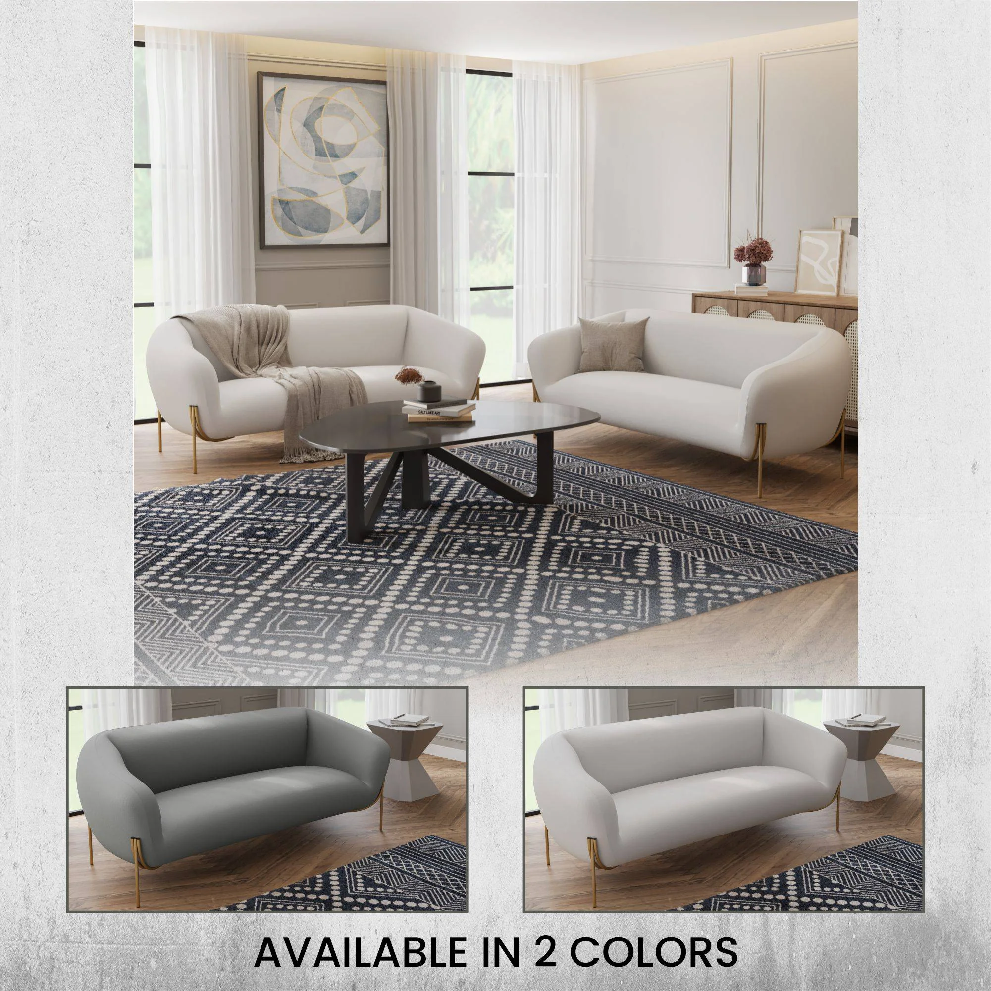 Zuno Three-Seater Sofa Upholstered in Velvet Wide Couch with Powder-Coated Gold Iron Legs Padded Seat