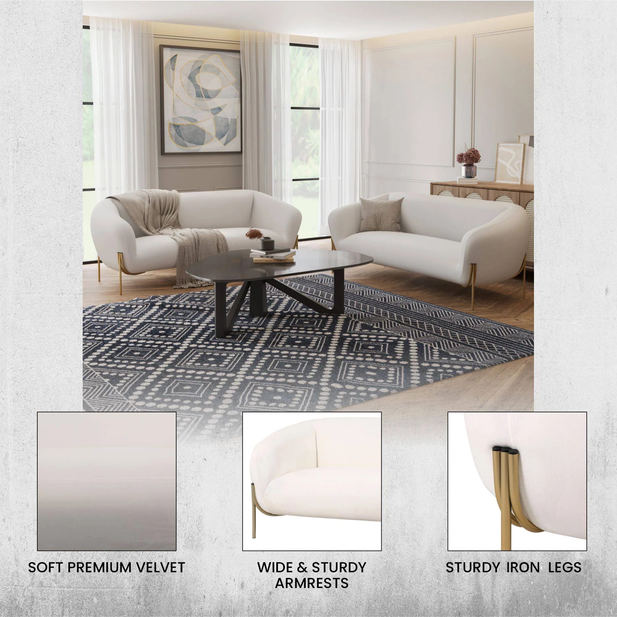 Zuno Three-Seater Sofa Upholstered in Velvet Wide Couch with Powder-Coated Gold Iron Legs Padded Seat