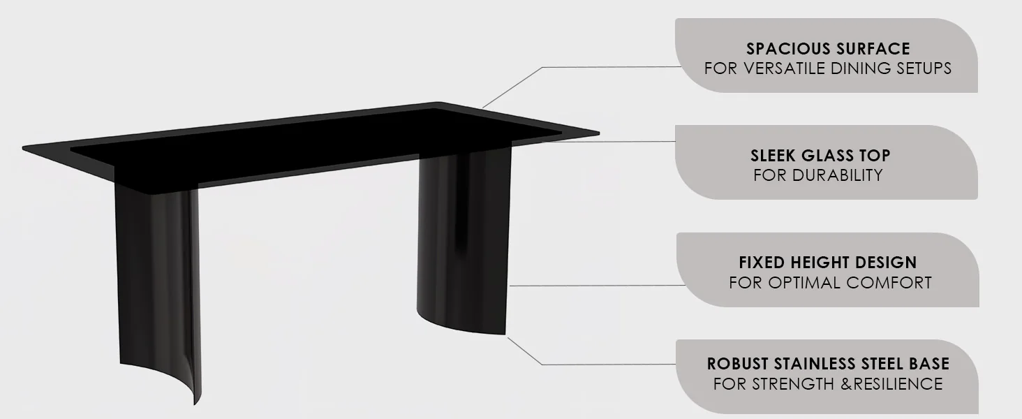 Zara Series Modern Dining Table Black Stainless Steel Base, With 55 Black Glass Top