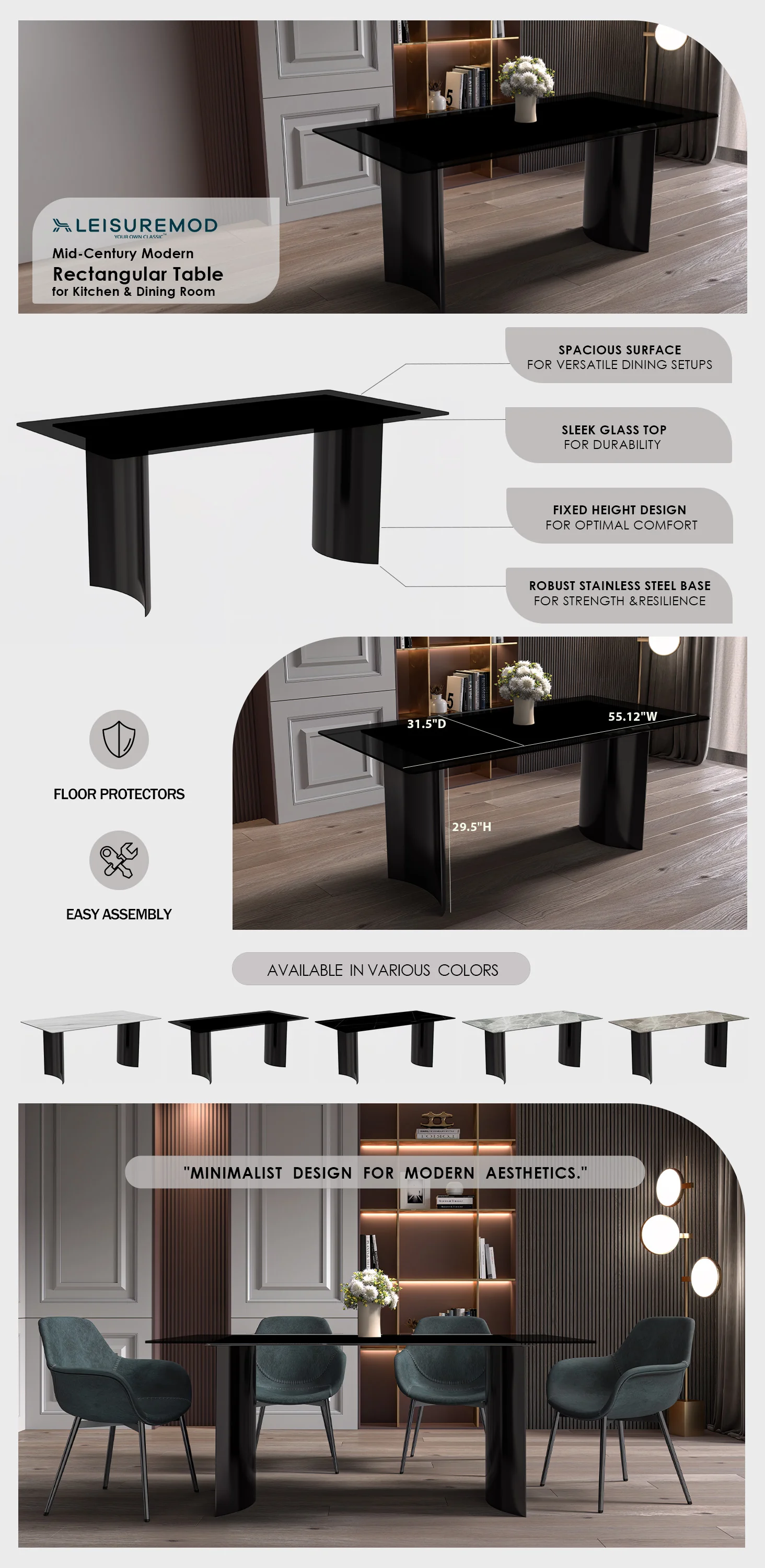 Zara Series Modern Dining Table Black Stainless Steel Base, With 55 Black Glass Top