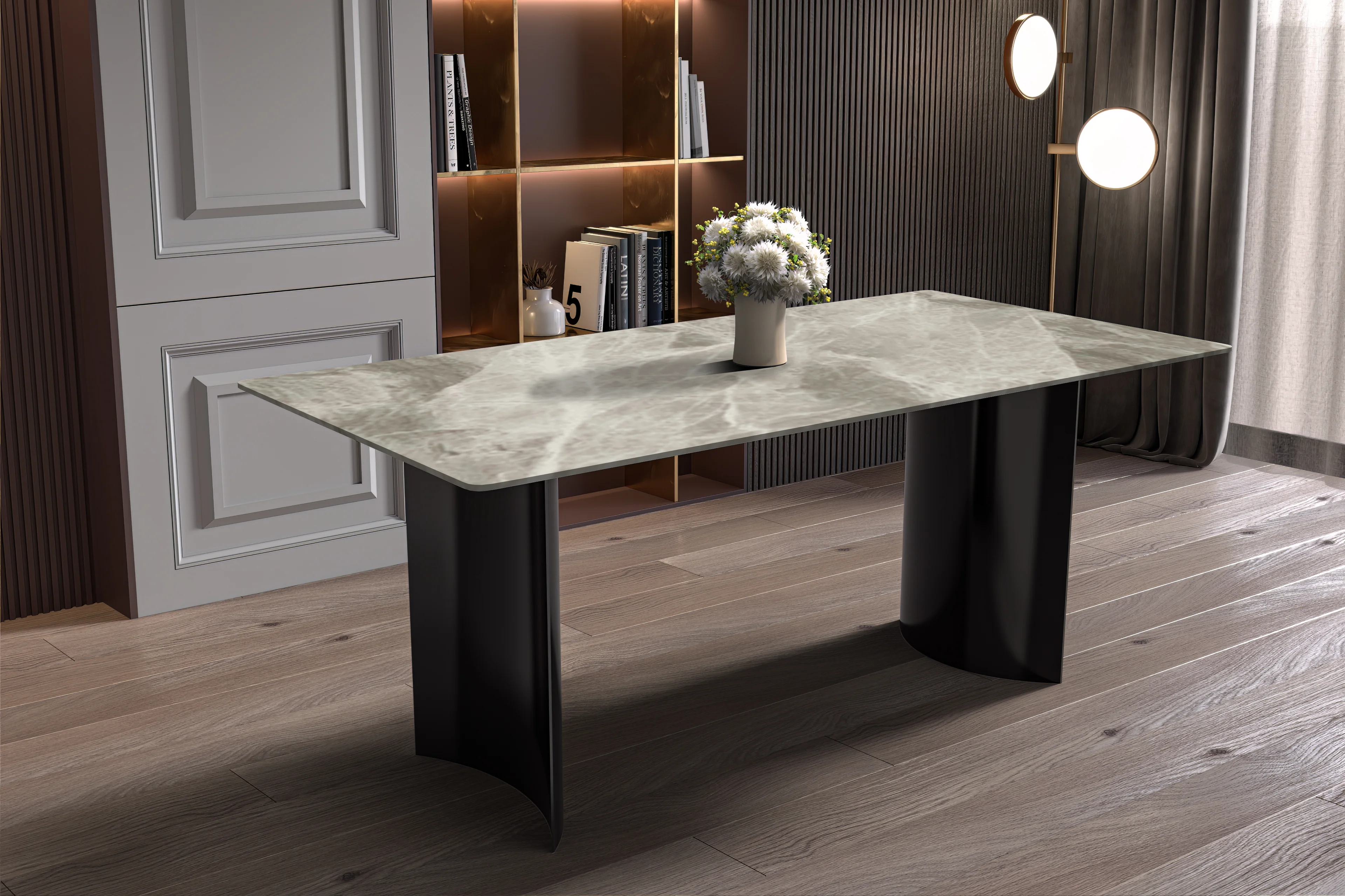 Zara Series Modern Dining Table Black Stainless Steel Base, With 55 Deep Grey Sintered Stone Top