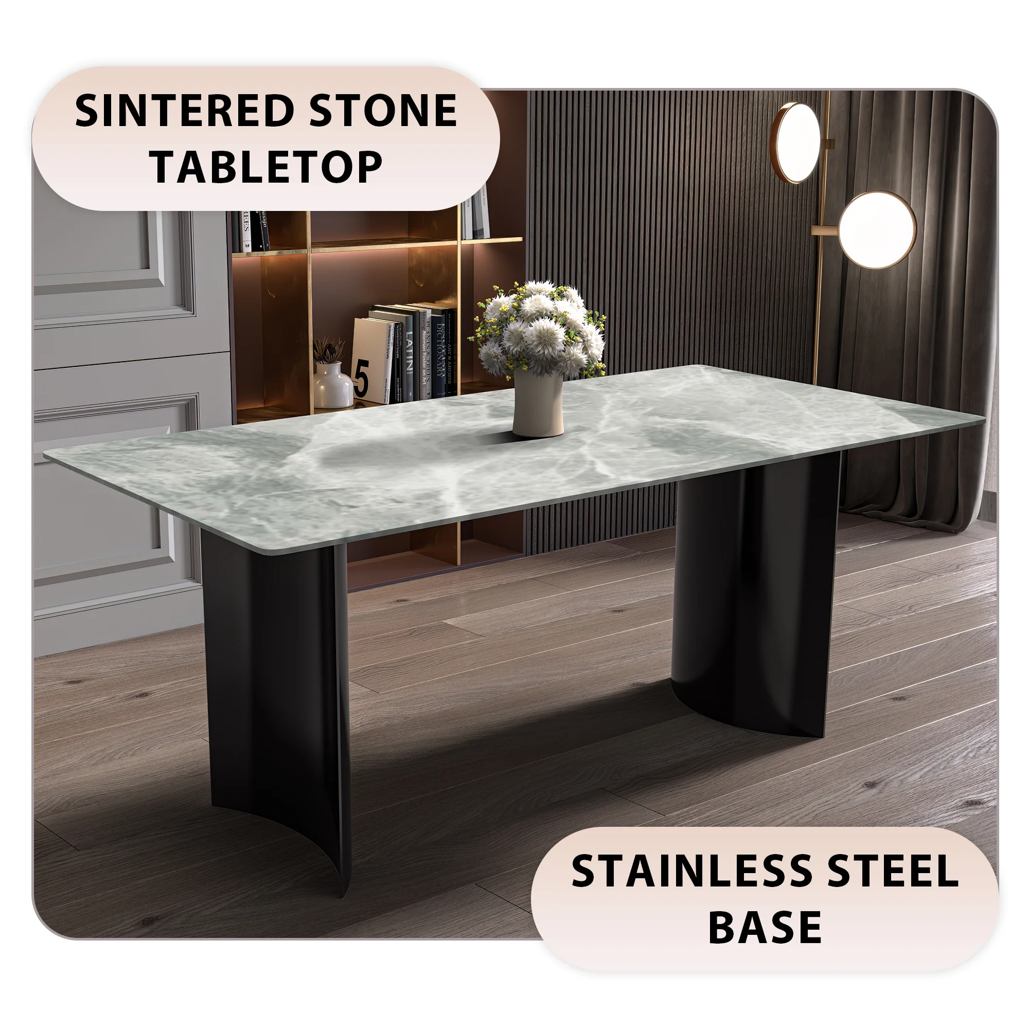 Zara Series Modern Dining Table Black Stainless Steel Base, With 55 Light Grey Sintered Stone Top