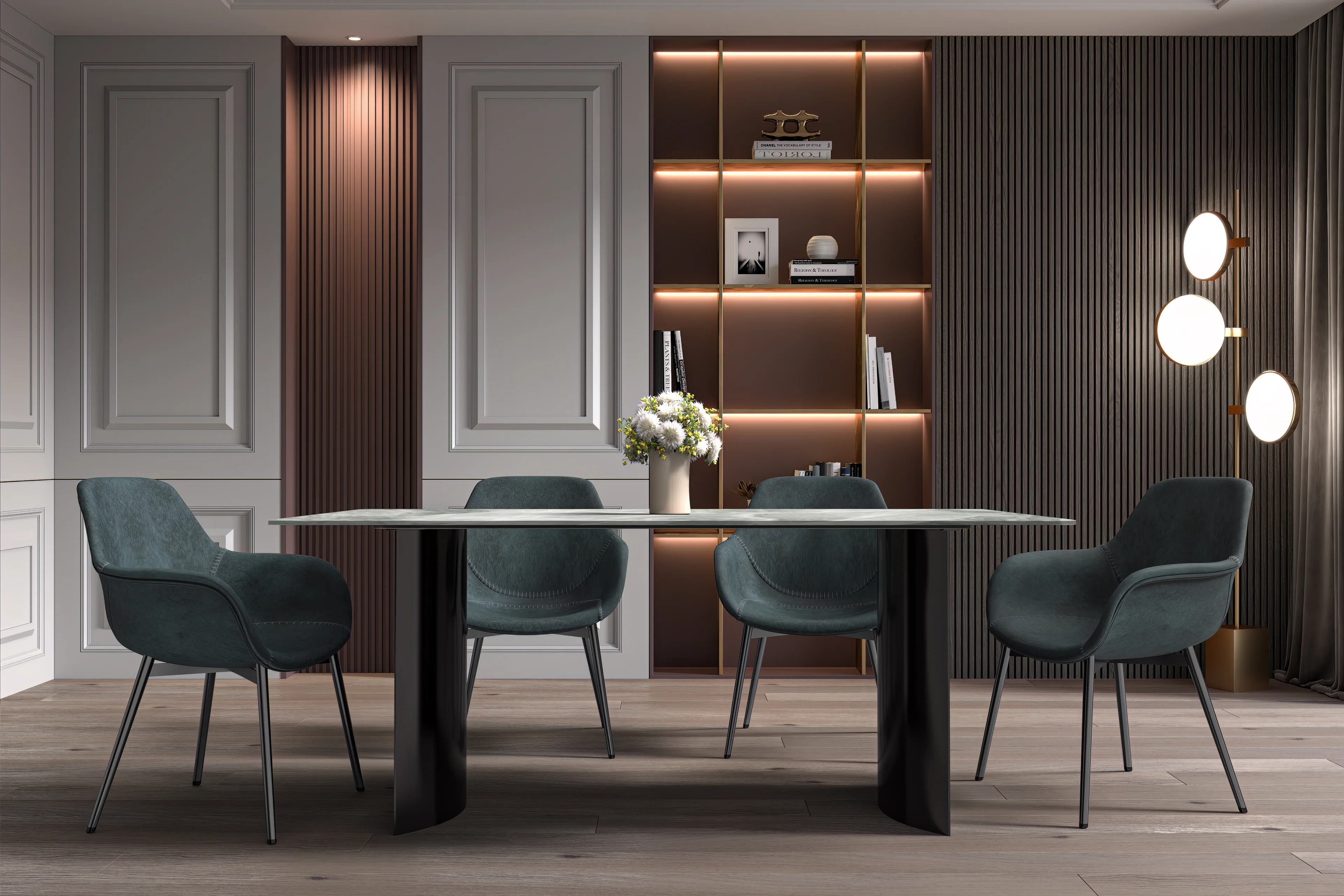 Zara Series Modern Dining Table Black Stainless Steel Base, With 55 Light Grey Sintered Stone Top