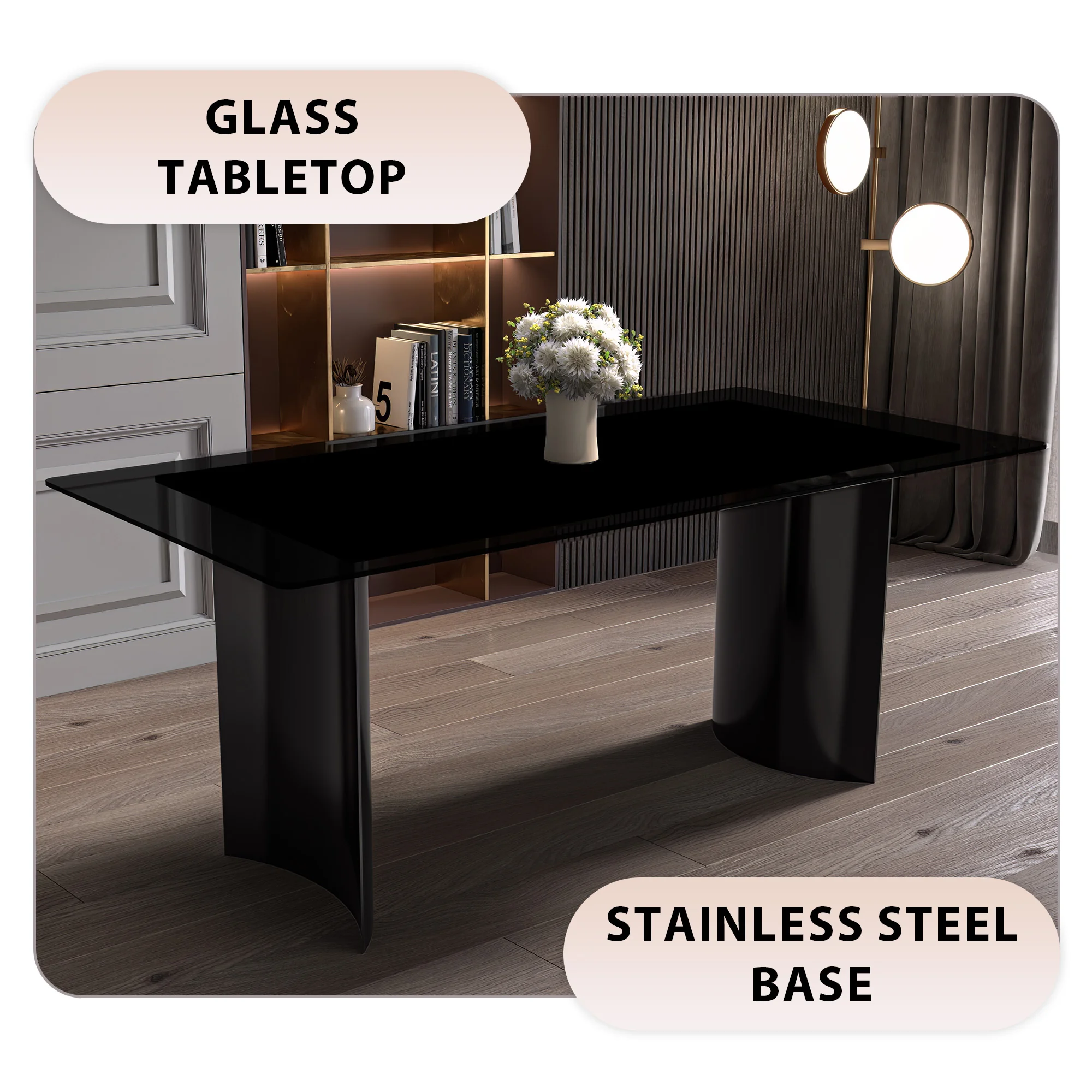 Zara Series Modern Dining Table Black Stainless Steel Base, With 62 Black Glass Top