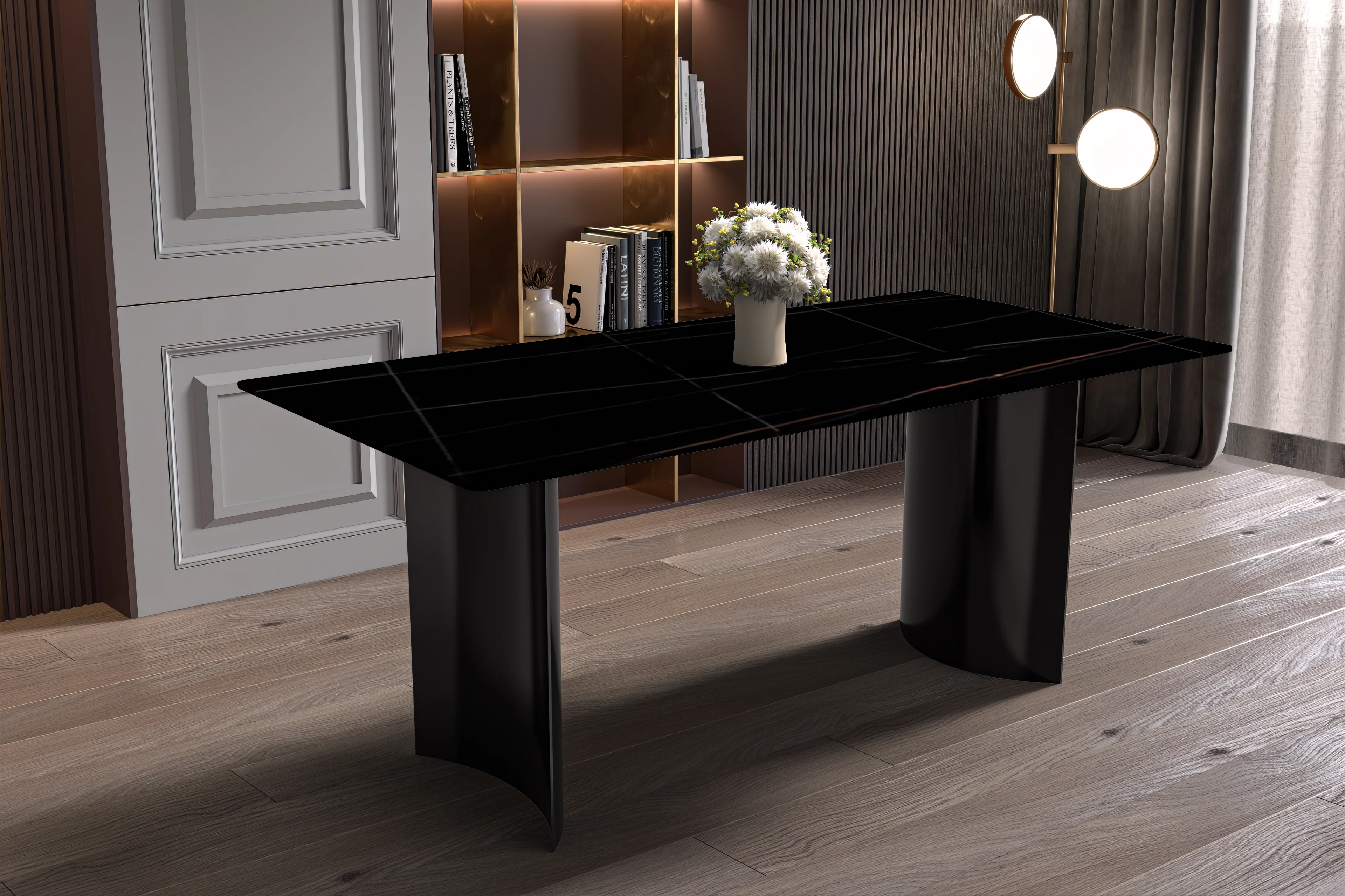 Zara Series Modern Dining Table Black Stainless Steel Base, With 62 Black/Gold Sintered Stone Top