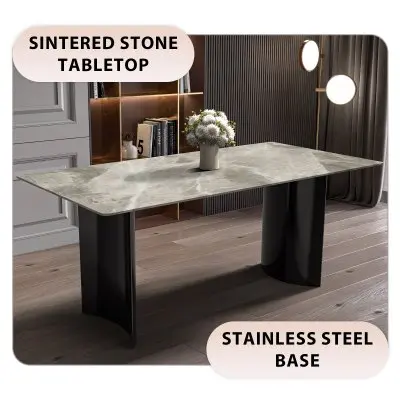Zara Series Modern Dining Table Black Stainless Steel Base, With 62 Deep Grey Sintered Stone Top