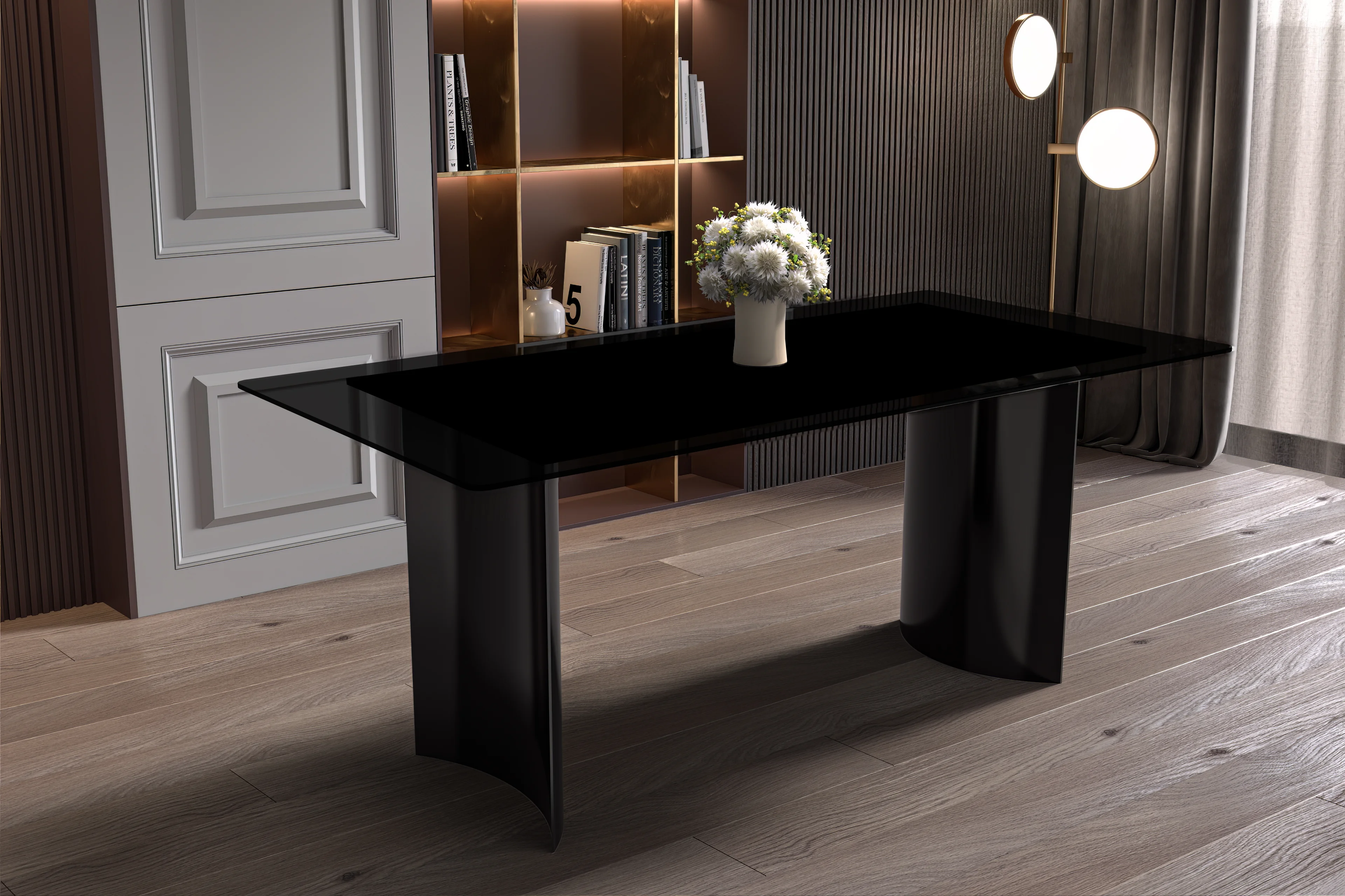 Zara Series Modern Dining Table Black Stainless Steel Base, With 71 Black Glass Top
