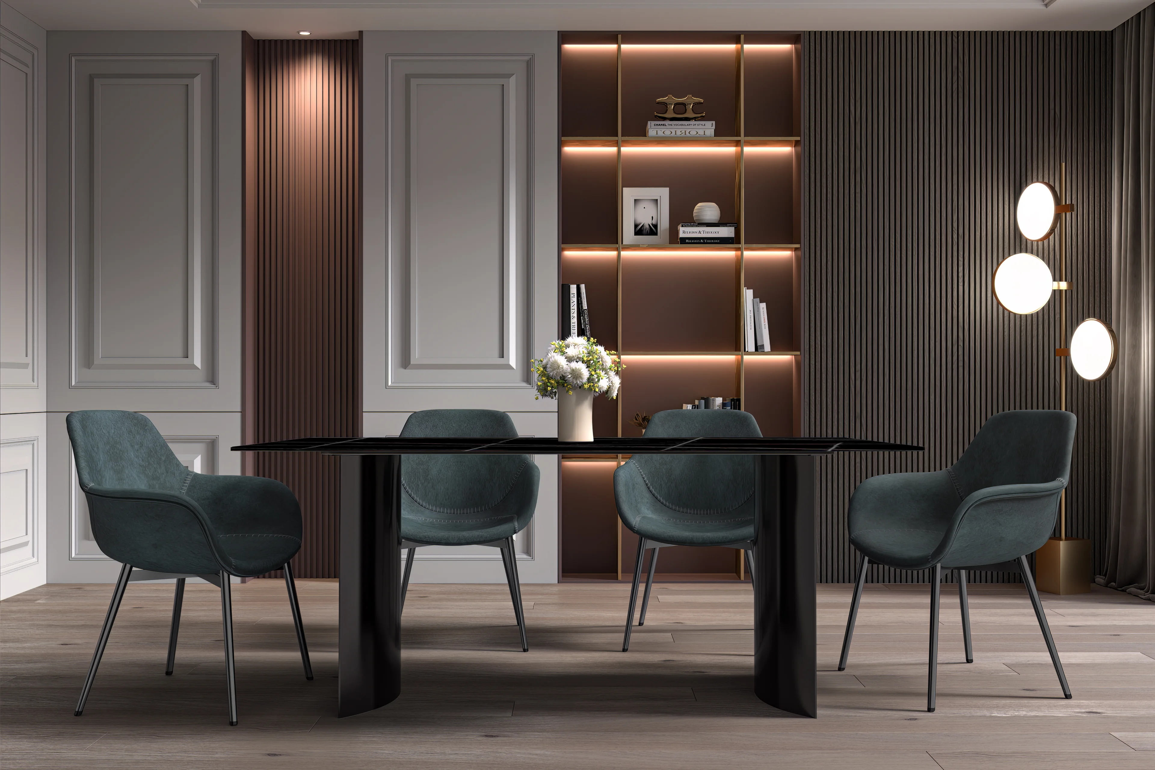 Zara Series Modern Dining Table Black Stainless Steel Base, With 71 Black/Gold Sintered Stone Top