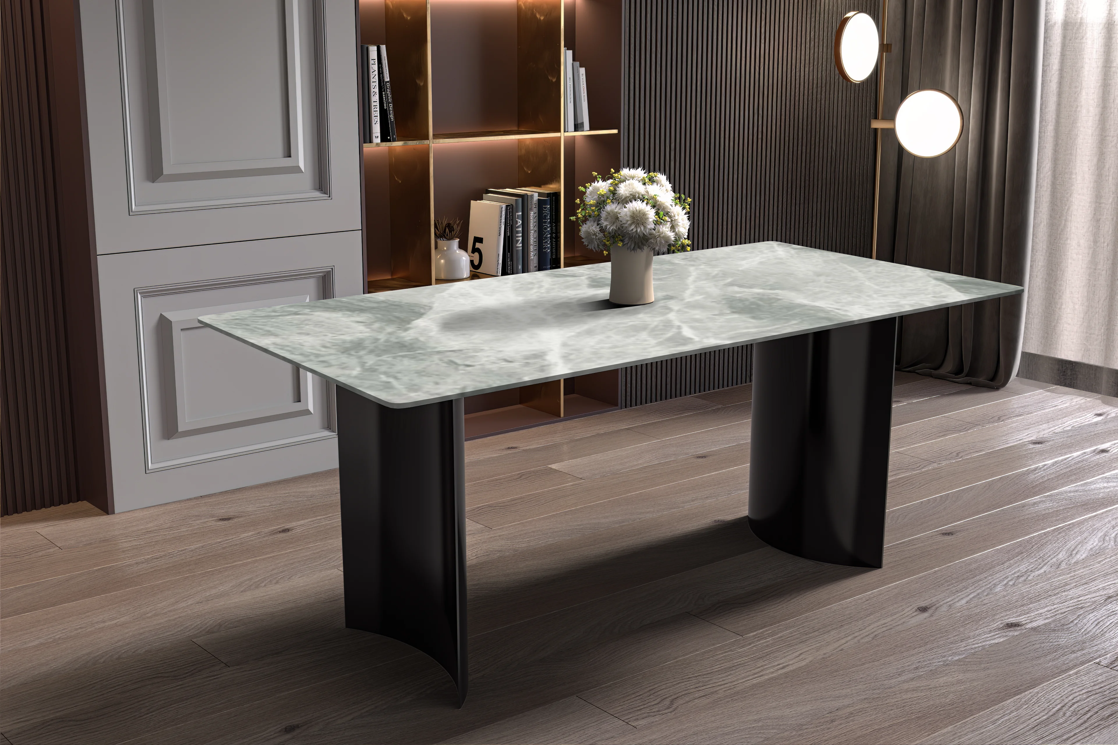 Zara Series Modern Dining Table Black Stainless Steel Base, With 71 Light Grey Sintered Stone Top