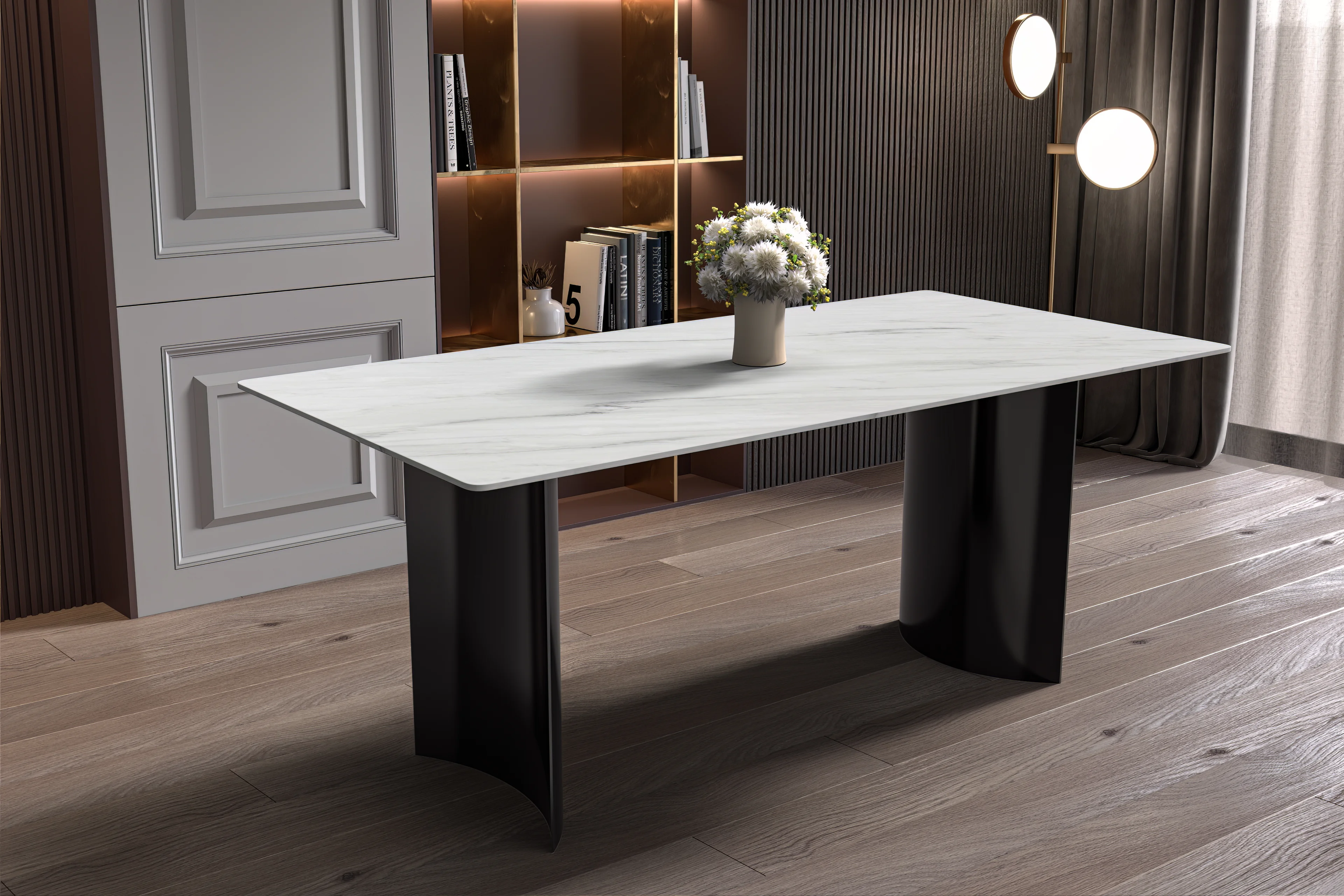 Zara Series Modern Dining Table Black Stainless Steel Base, With 71 White Sintered Stone Top