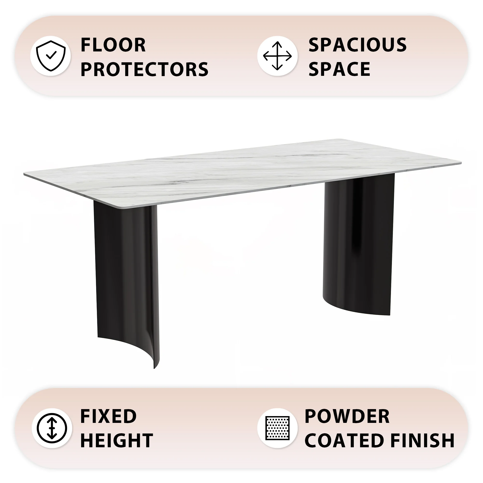 Zara Series Modern Dining Table Black Stainless Steel Base, With 71 White Sintered Stone Top