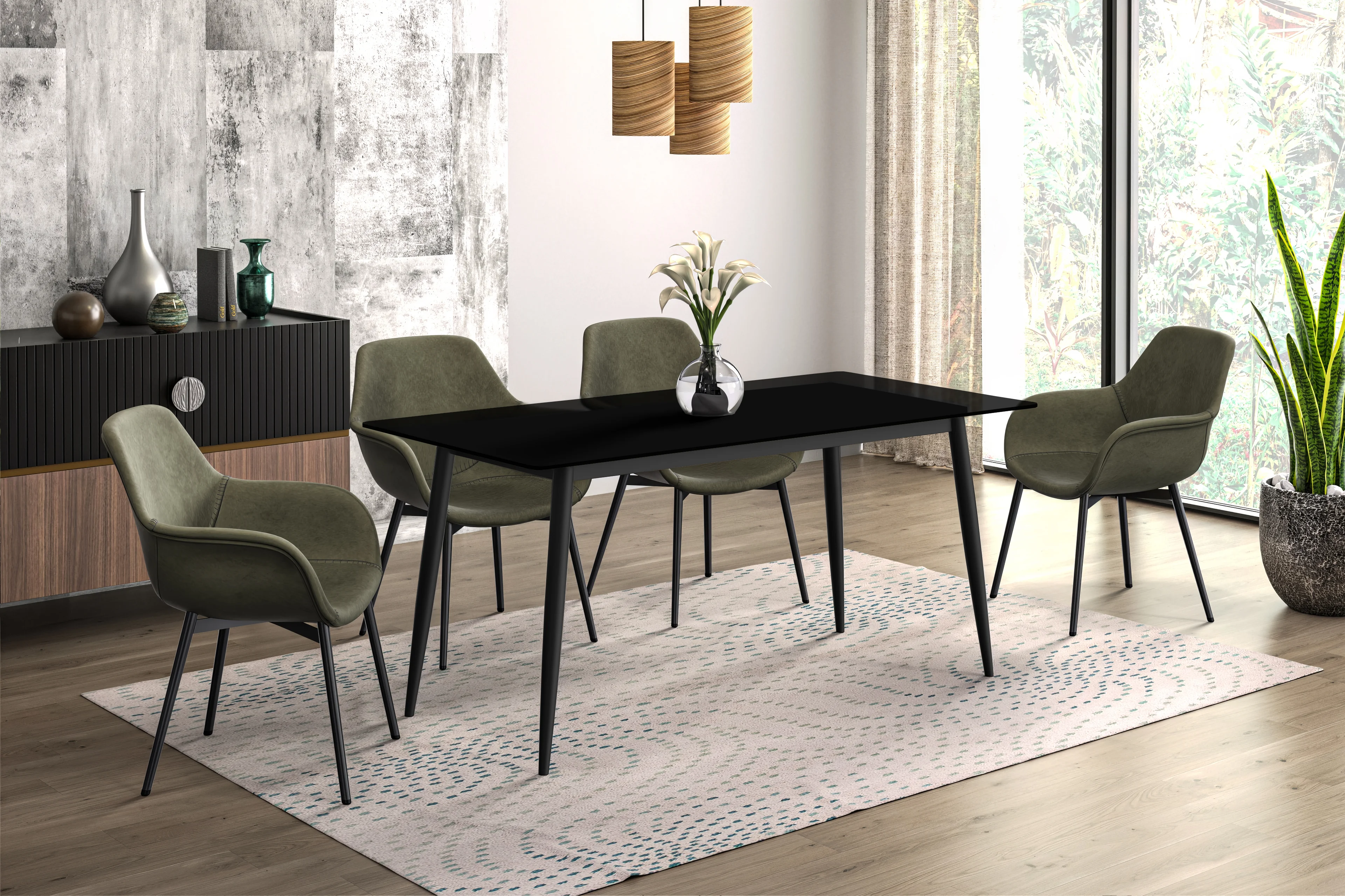 Zayle Series Modern Dining Table Black Base, With 55 Black Glass Top