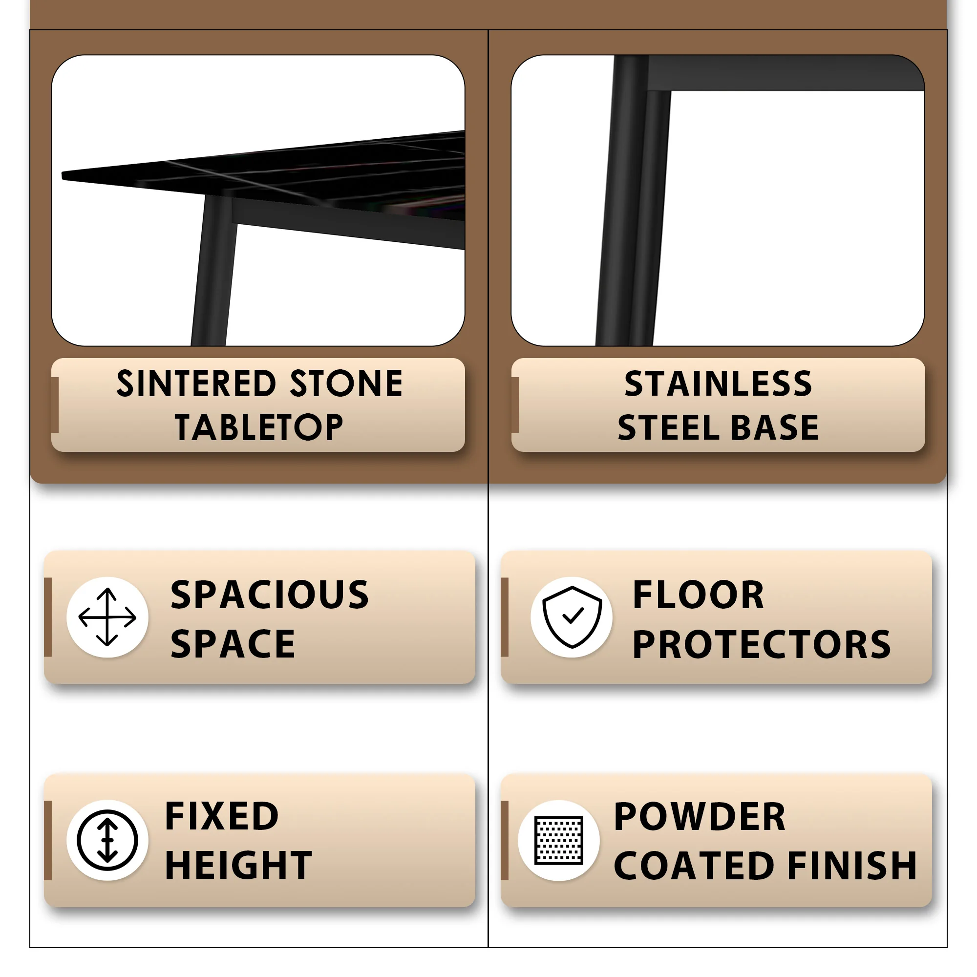 Zayle Series Modern Dining Table Black Base, With 55 Black/Gold Sintered Stone Top