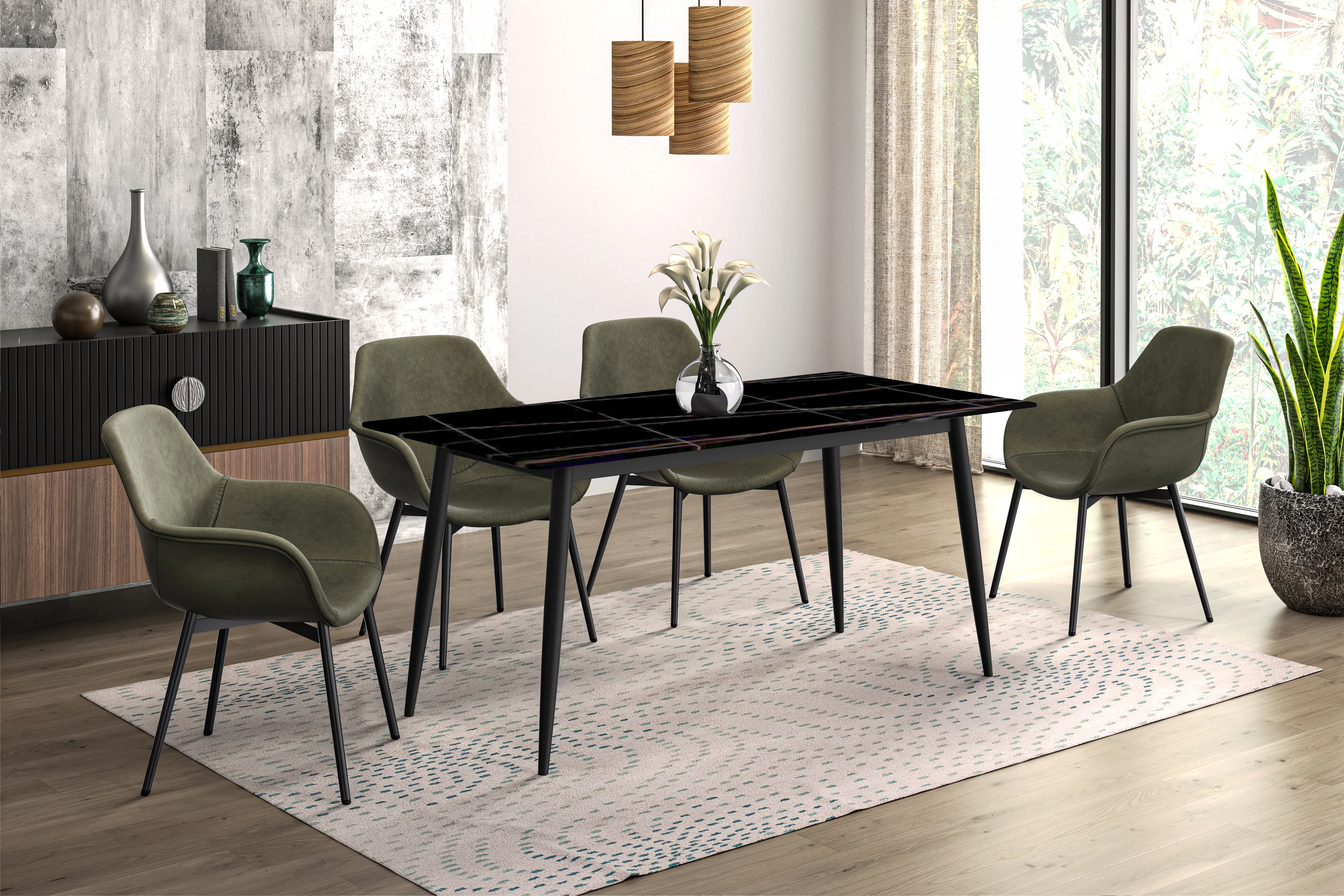 Zayle Series Modern Dining Table Black Base, With 55 Black/Gold Sintered Stone Top