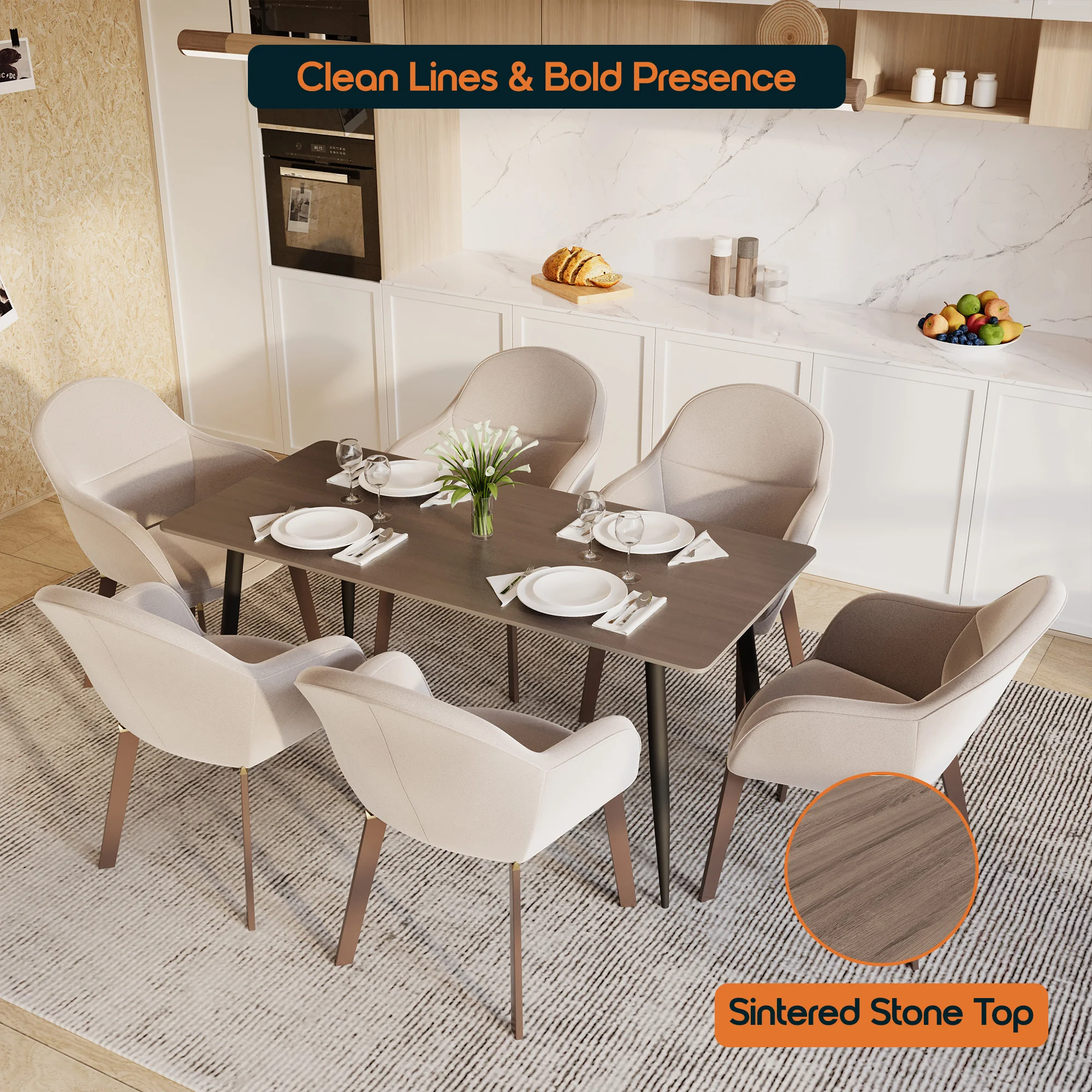 Zayle 55" Rectangle Sintered Stone Dining Table in Red Oak with Black Base