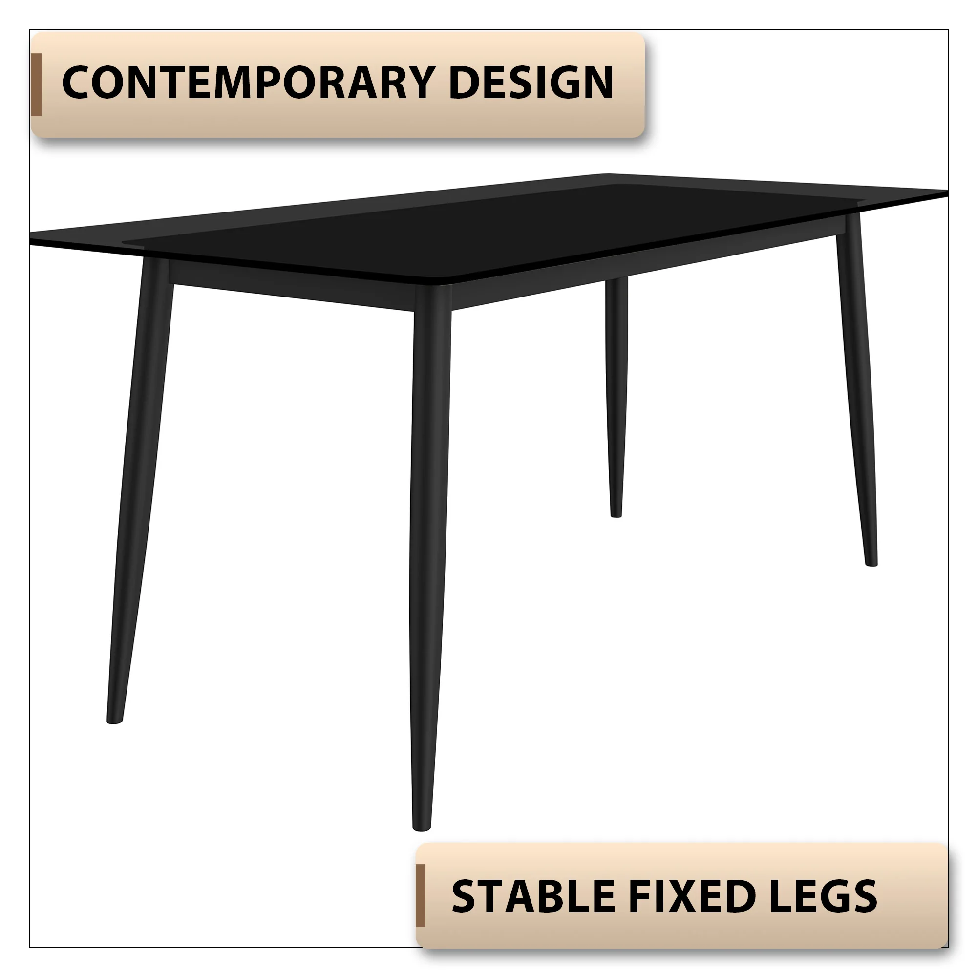 Zayle Series Modern Dining Table Black Base, With 62 Black Glass Top