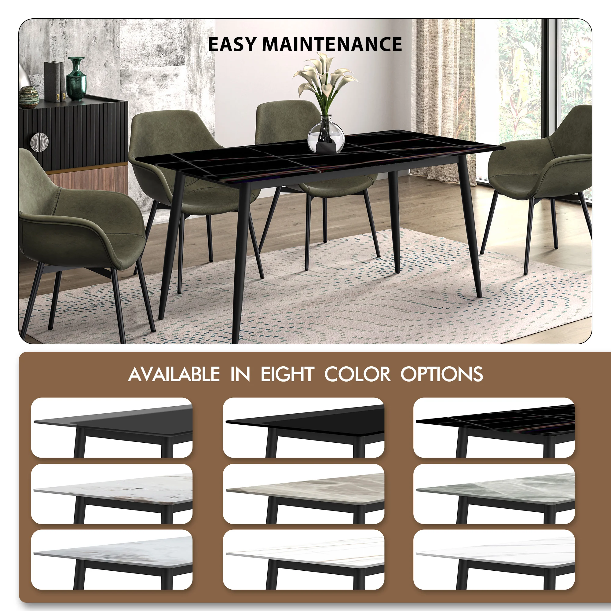 Zayle Series Modern Dining Table Black Base, With 62 Black/Gold Sintered Stone Top