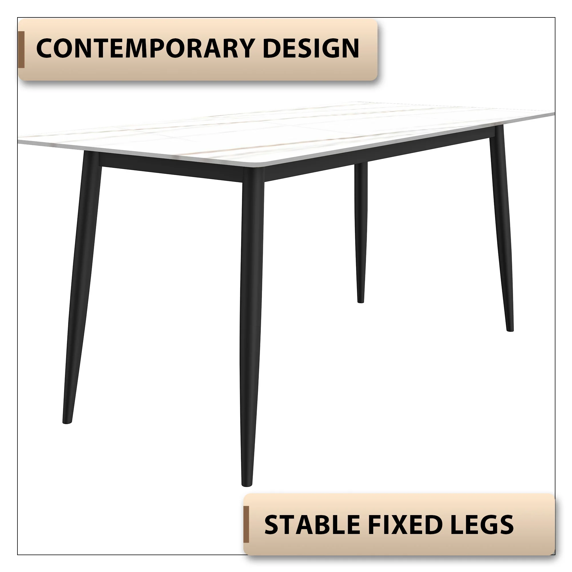 Zayle Series Modern Dining Table Black Base, With 62 White/Gold Sintered Stone Top