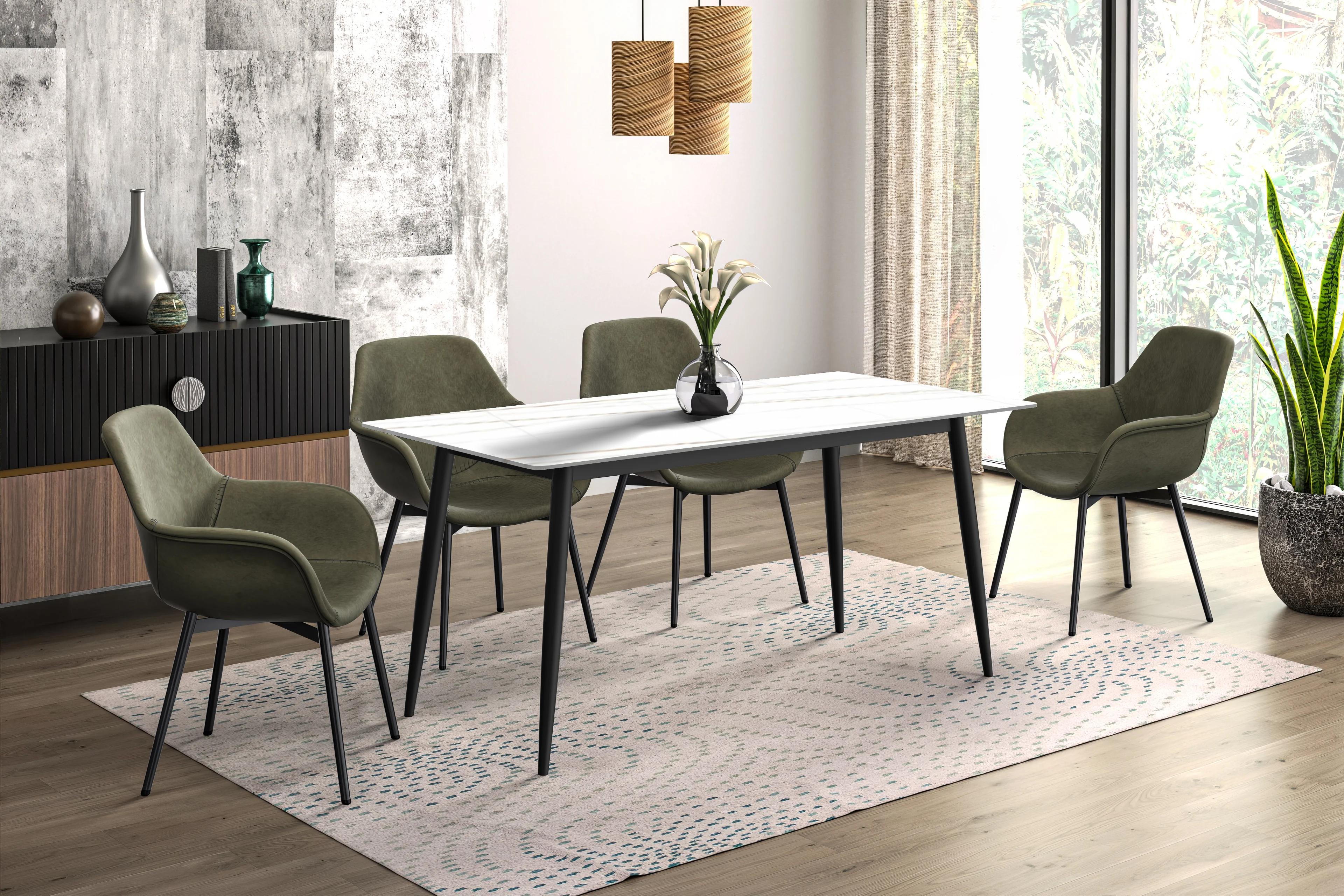 Zayle Series Modern Dining Table Black Base, With 71 White/Gold Sintered Stone Top