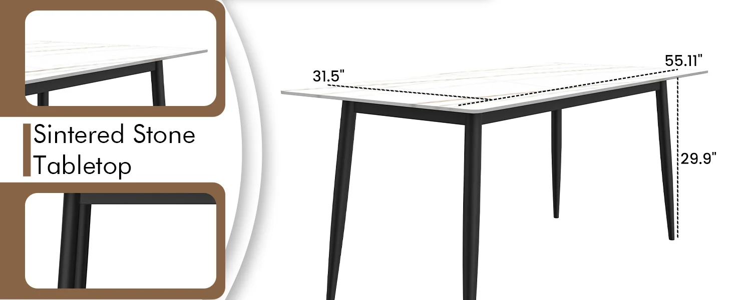 Zayle Series Modern Dining Table Black Base, With 71 White/Gold Sintered Stone Top