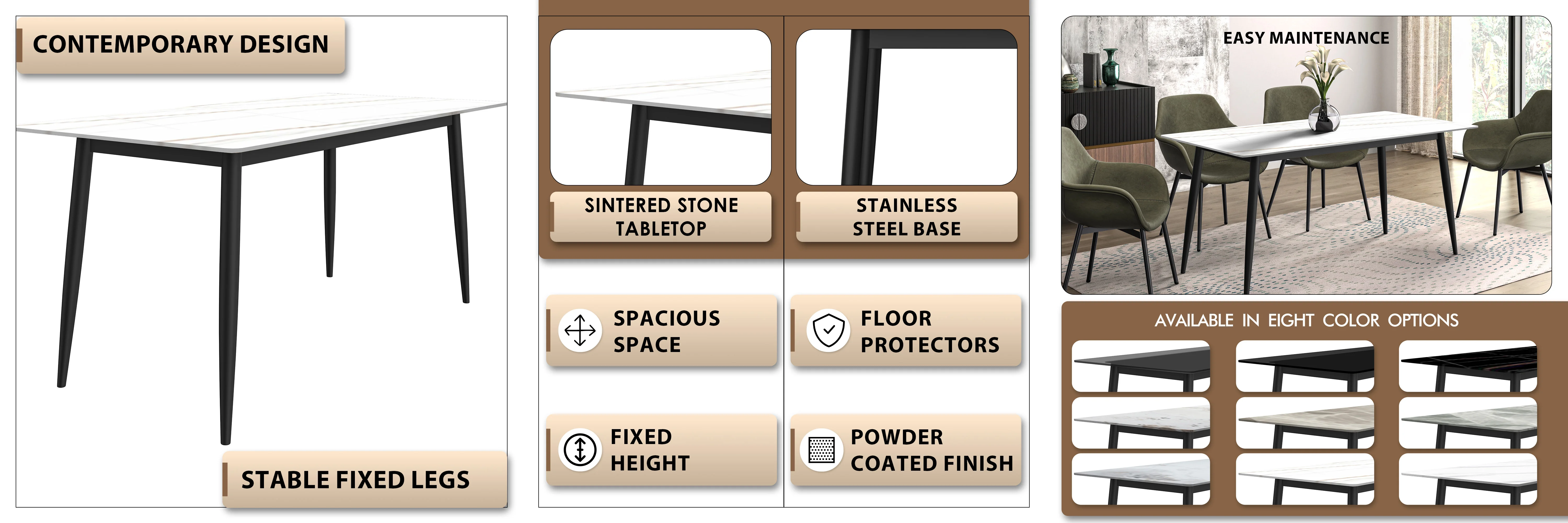 Zayle Series Modern Dining Table Black Base, With 71 White/Gold Sintered Stone Top