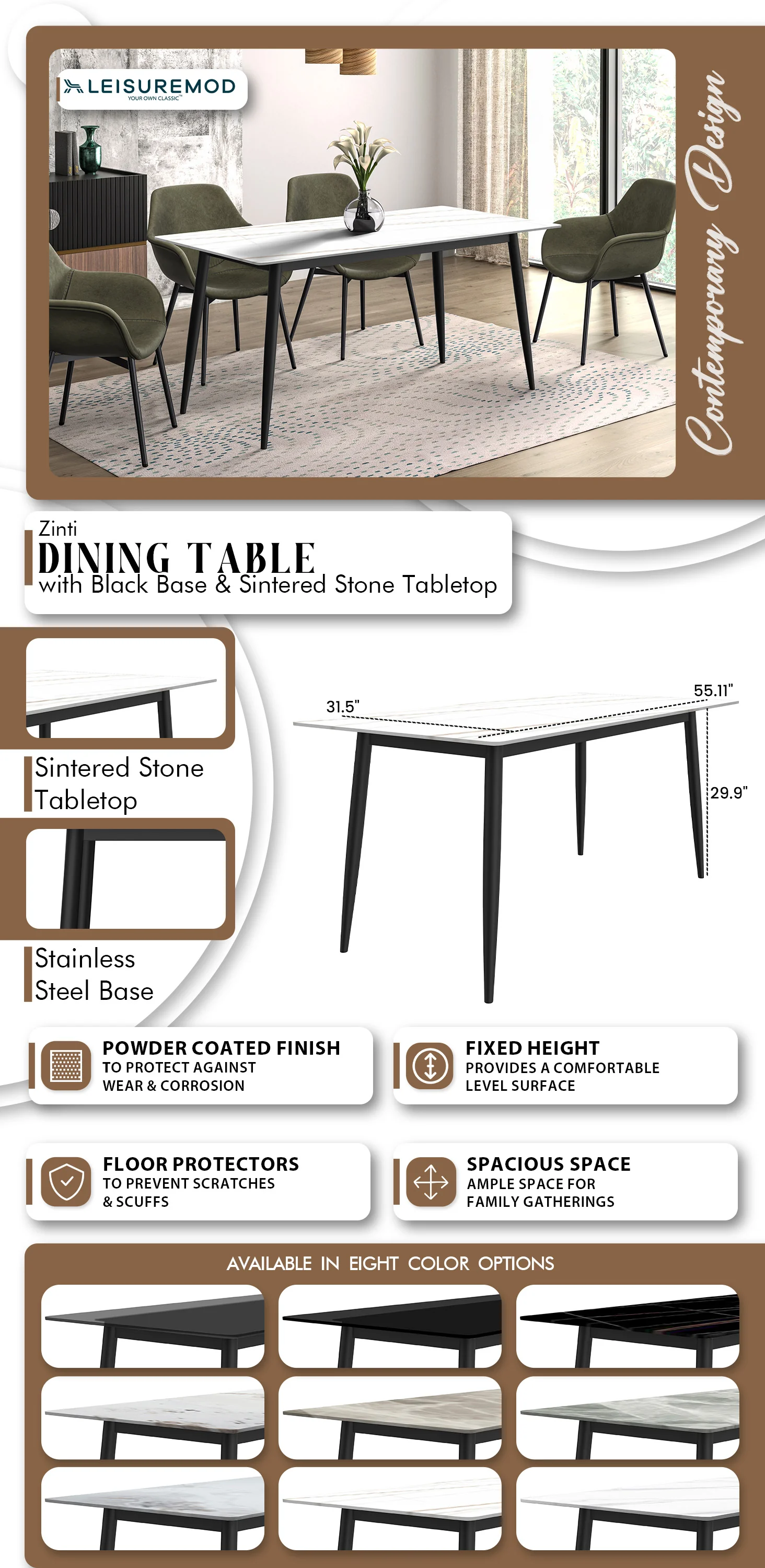 Zayle Series Modern Dining Table Black Base, With 71 White/Gold Sintered Stone Top