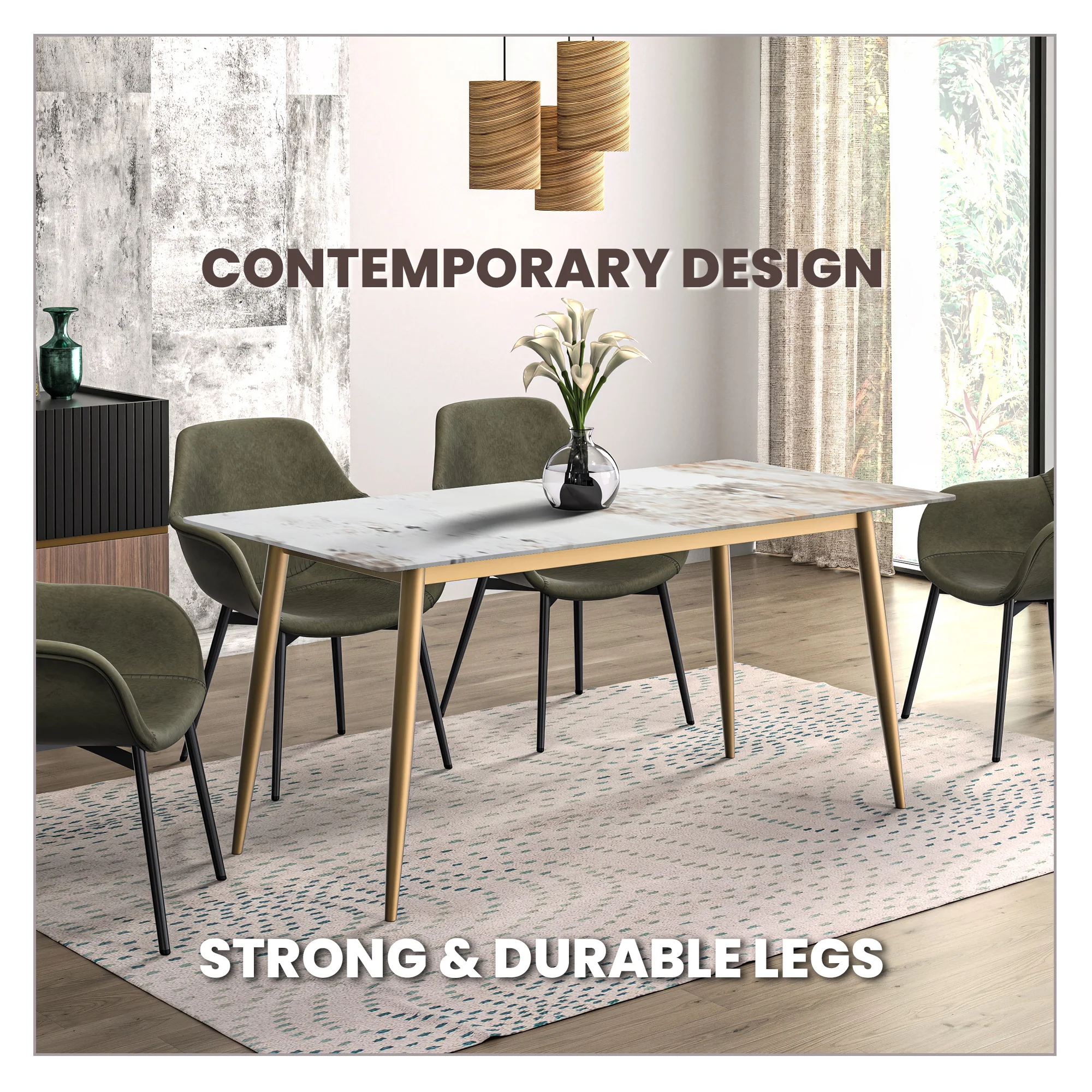 Zayle Series Modern Dining Table Brushed Gold Base, With 55 White Grey Sintered Stone Top