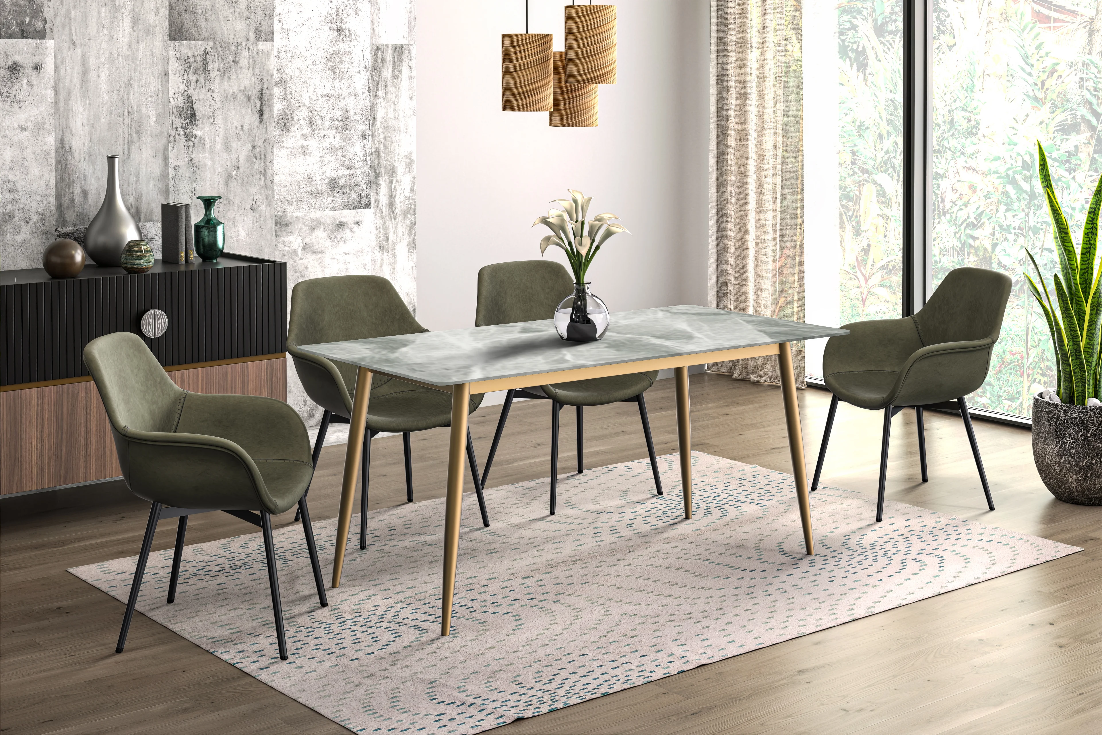Zayle Series Modern Dining Table Brushed Gold Base, With 55 Light Grey Sintered Stone Top