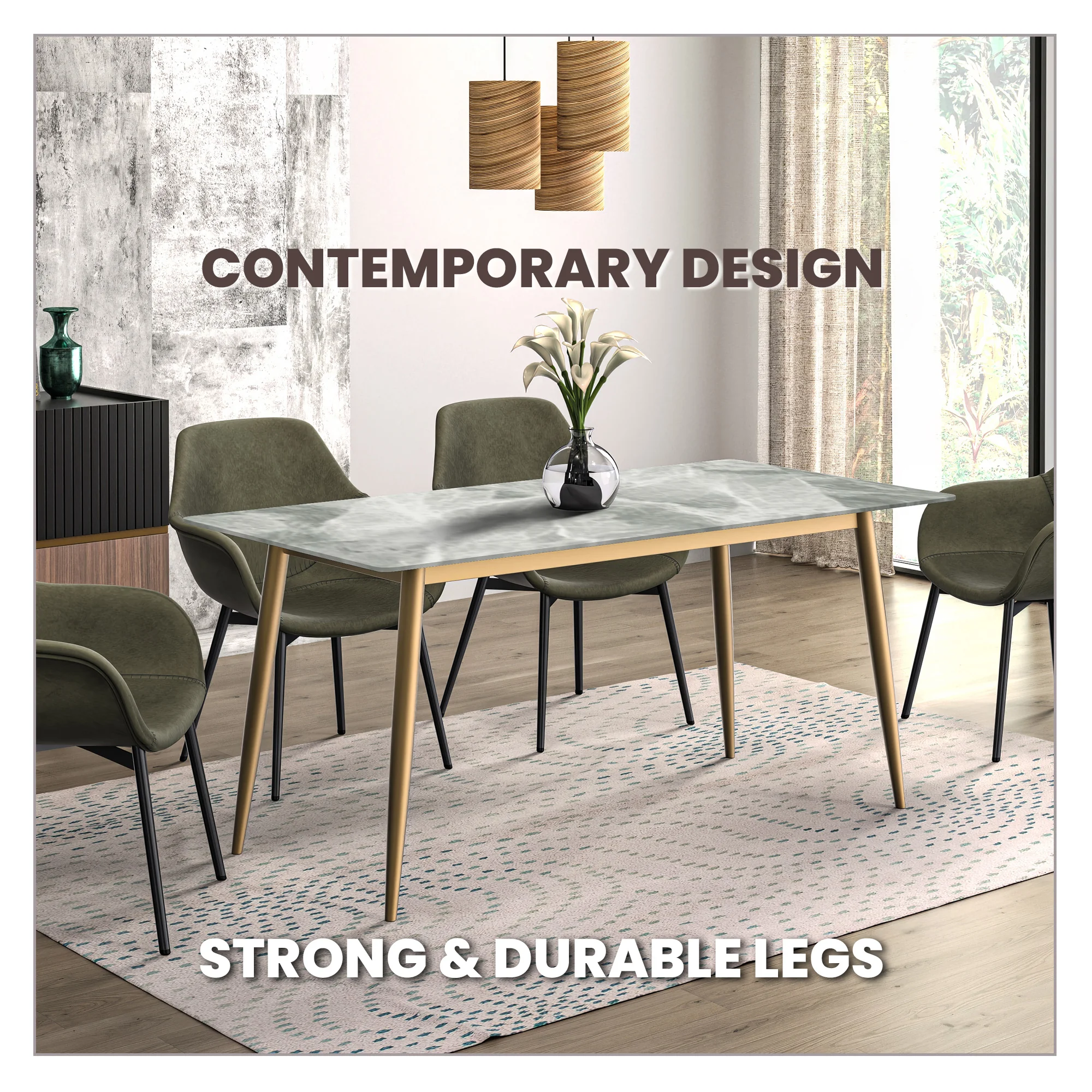 Zayle Series Modern Dining Table Brushed Gold Base, With 55 Light Grey Sintered Stone Top