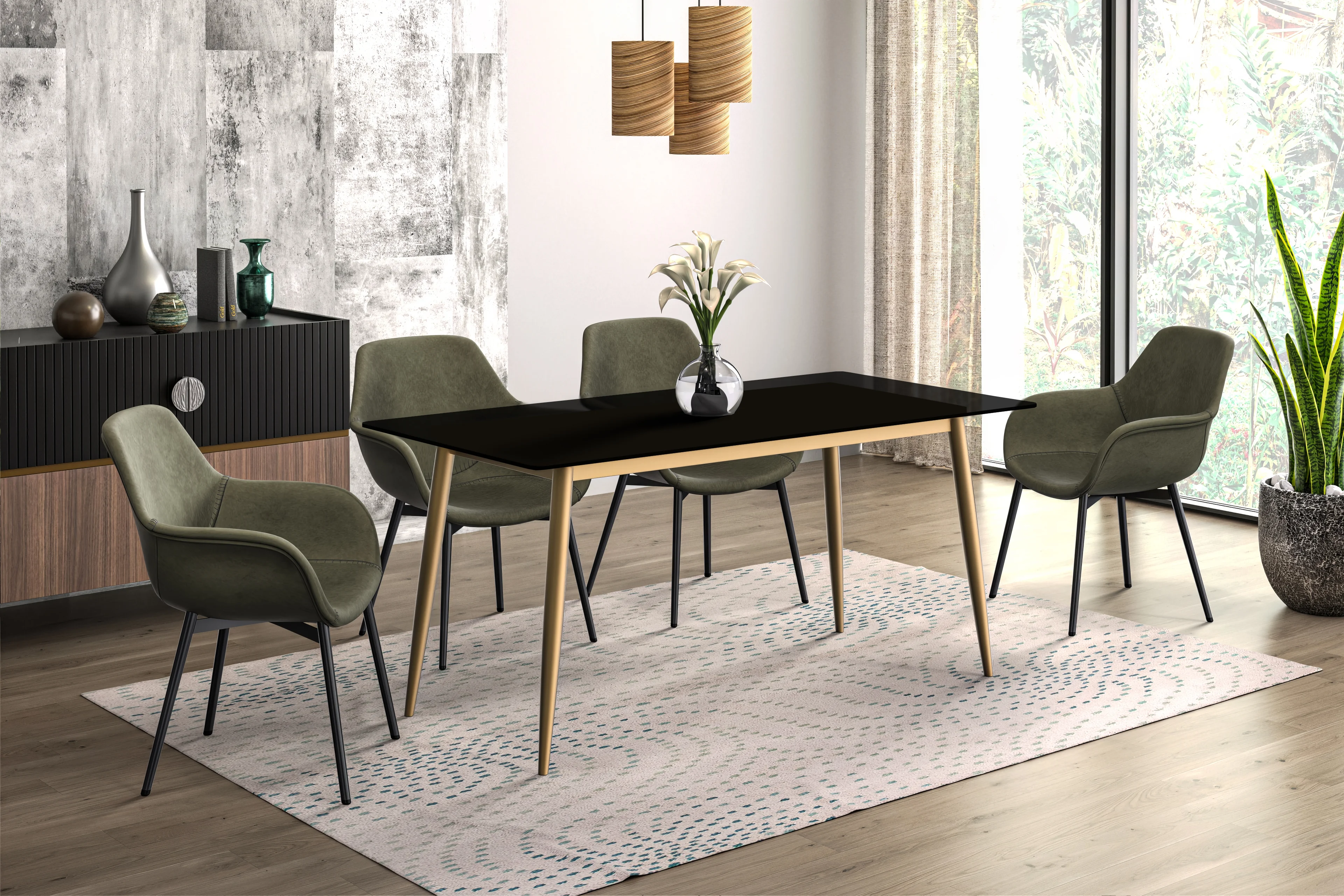 Zayle Series Modern Dining Table Brushed Gold Base, With 62 Black Glass Top