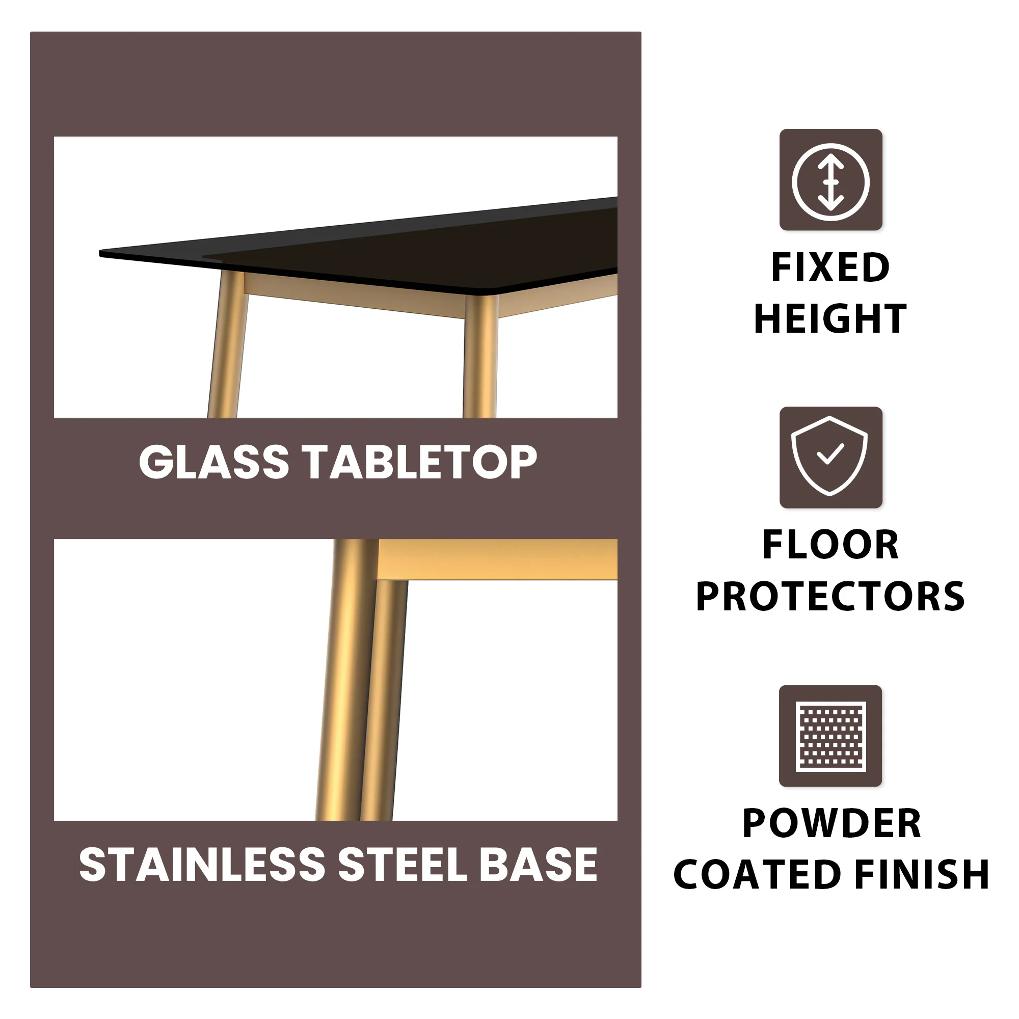 Zayle Series Modern Dining Table Brushed Gold Base, With 62 Black Glass Top