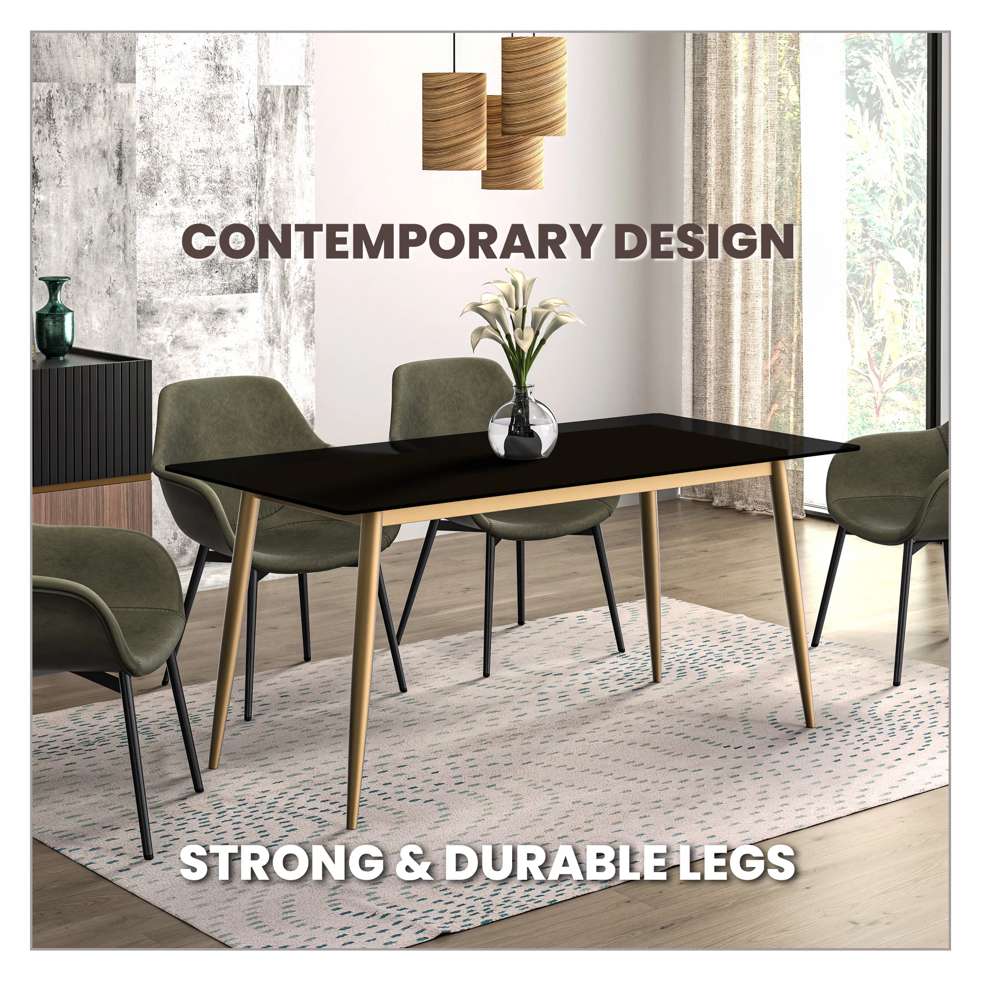 Zayle Series Modern Dining Table Brushed Gold Base, With 62 Black Glass Top