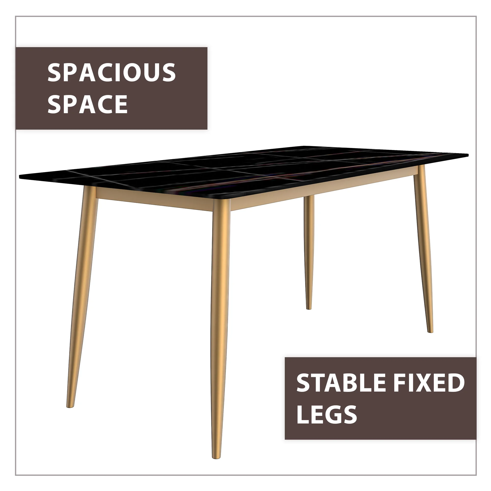 Zayle Series Modern Dining Table Brushed Gold Base, With 62 Black/Gold Sintered Stone Top