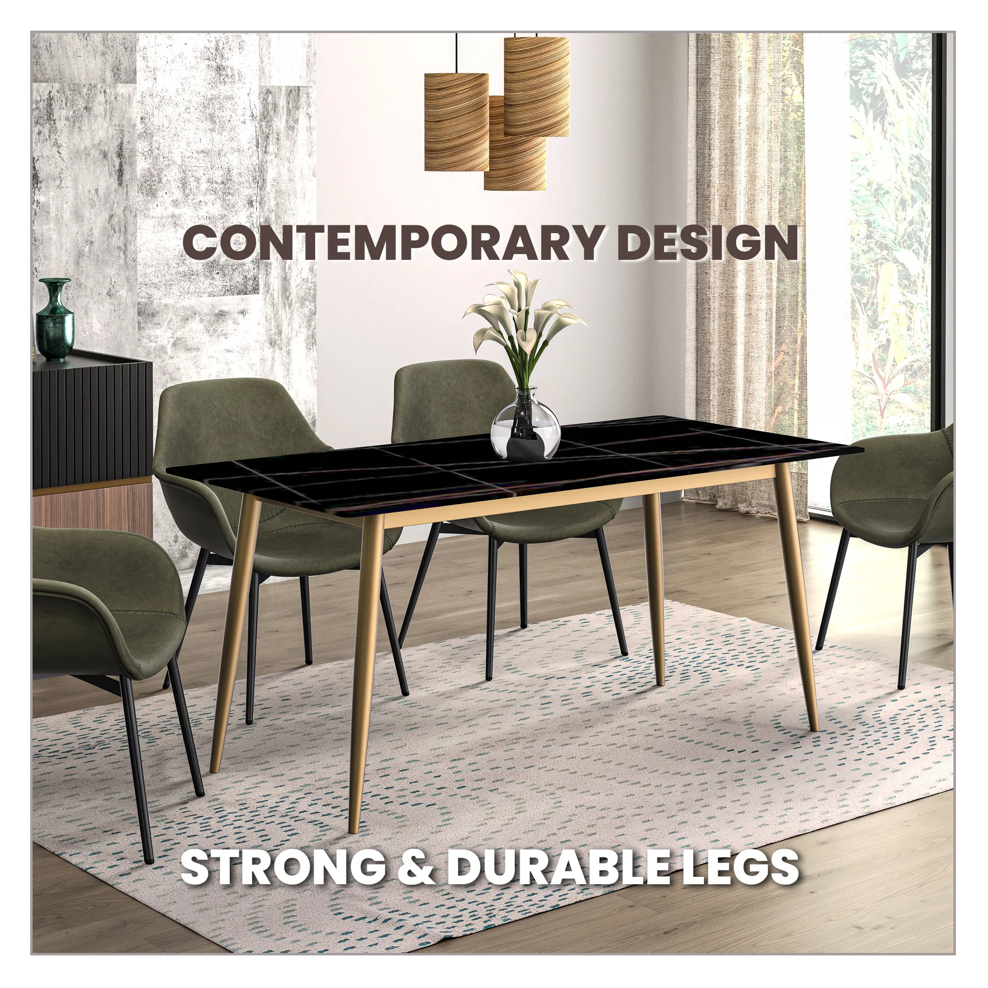 Zayle Series Modern Dining Table Brushed Gold Base, With 62 Black/Gold Sintered Stone Top