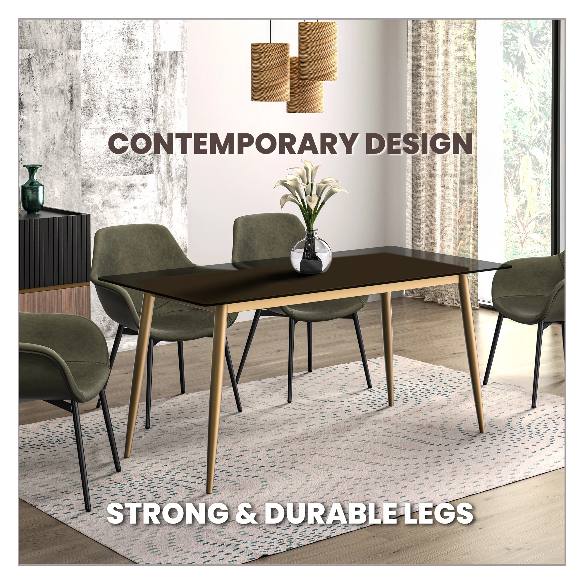 Zayle Series Modern Dining Table Brushed Gold Base, With 62 Clear Glass Top