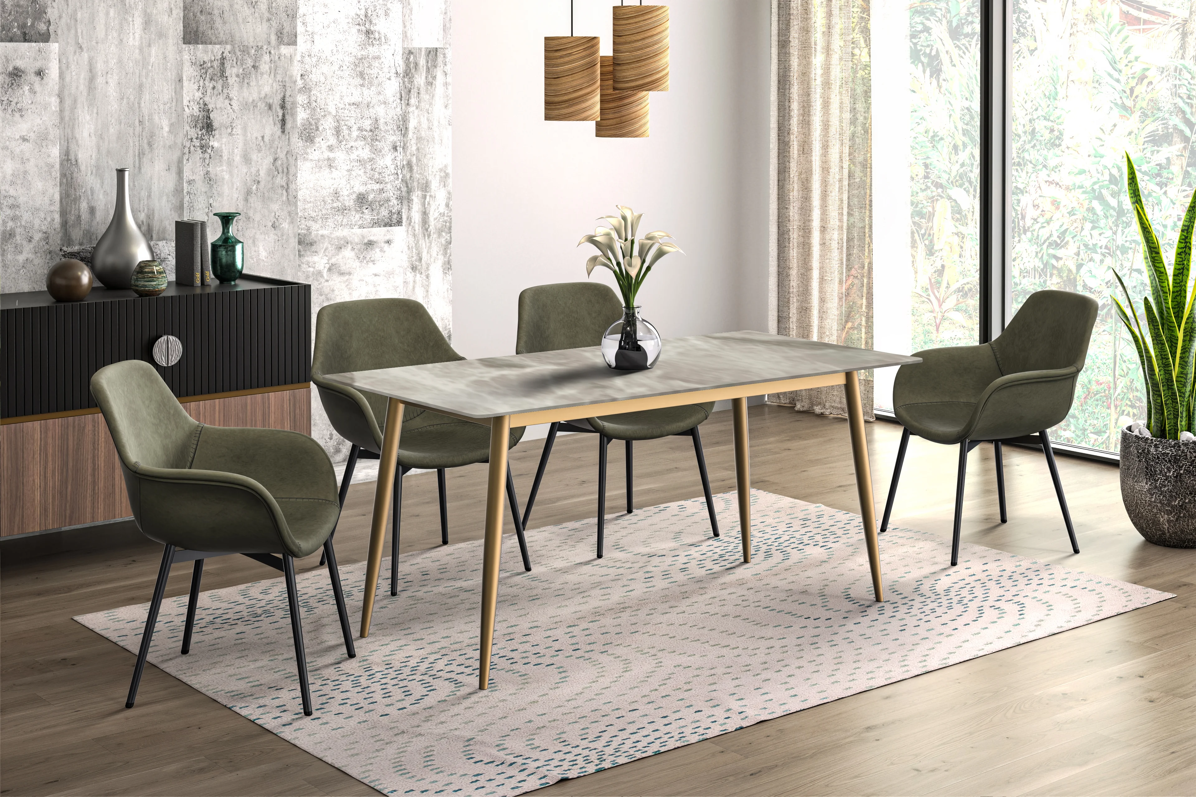 Zayle Series Modern Dining Table Brushed Gold Base, With 62 Deep Grey Sintered Stone Top