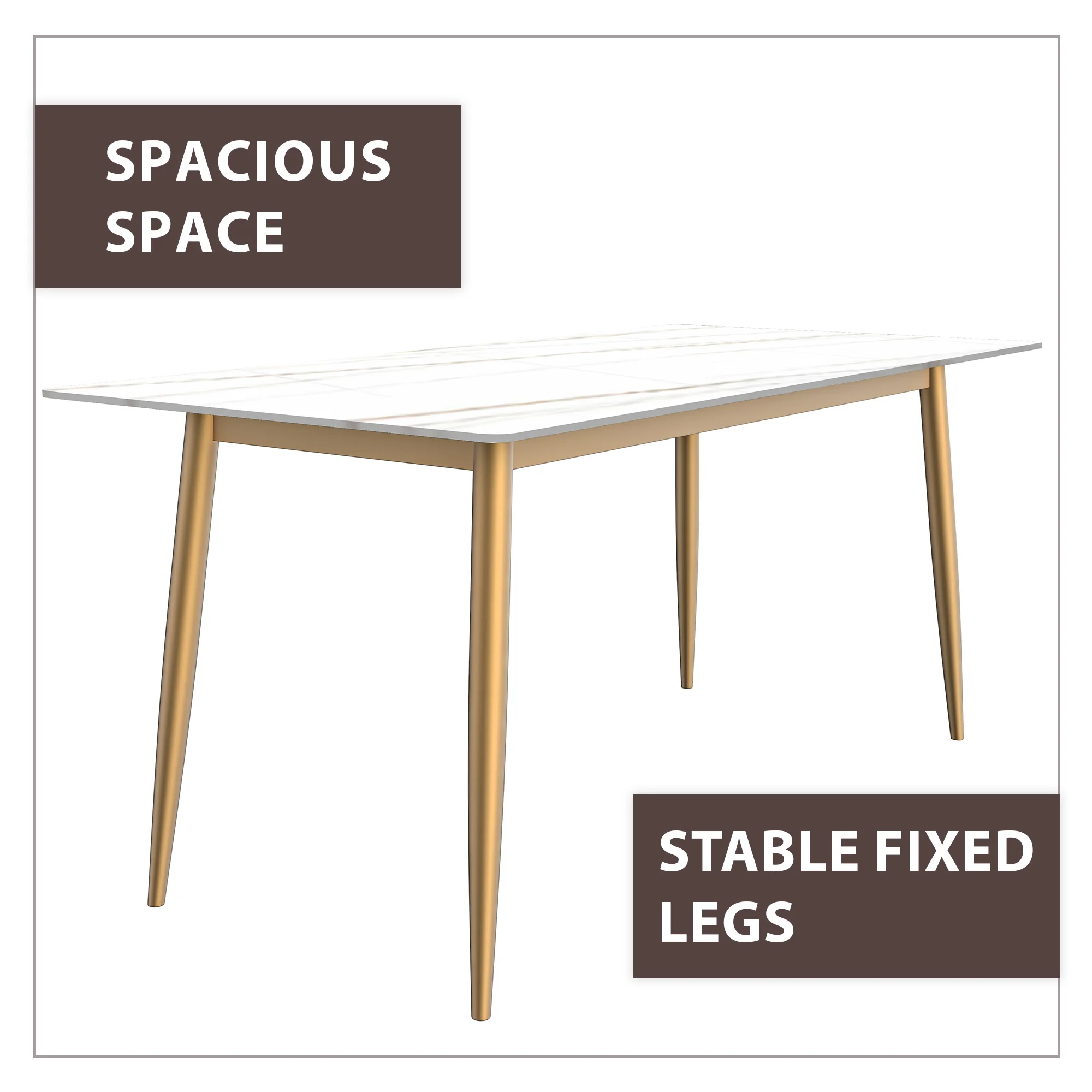 Zayle Series Modern Dining Table Brushed Gold Base, With 62 White/Gold Sintered Stone Top