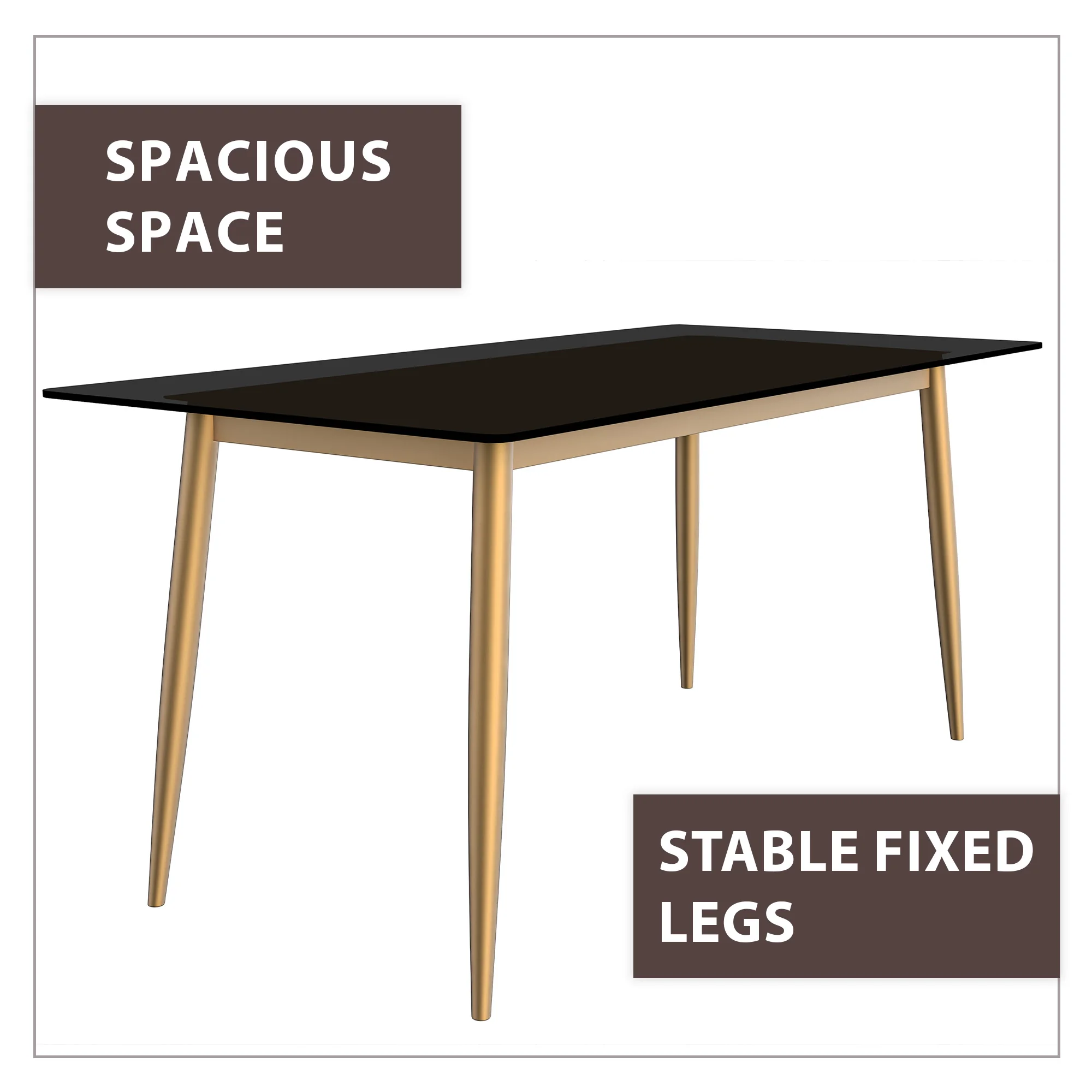 Zayle Series Modern Dining Table Brushed Gold Base, With 71 Black Glass Top