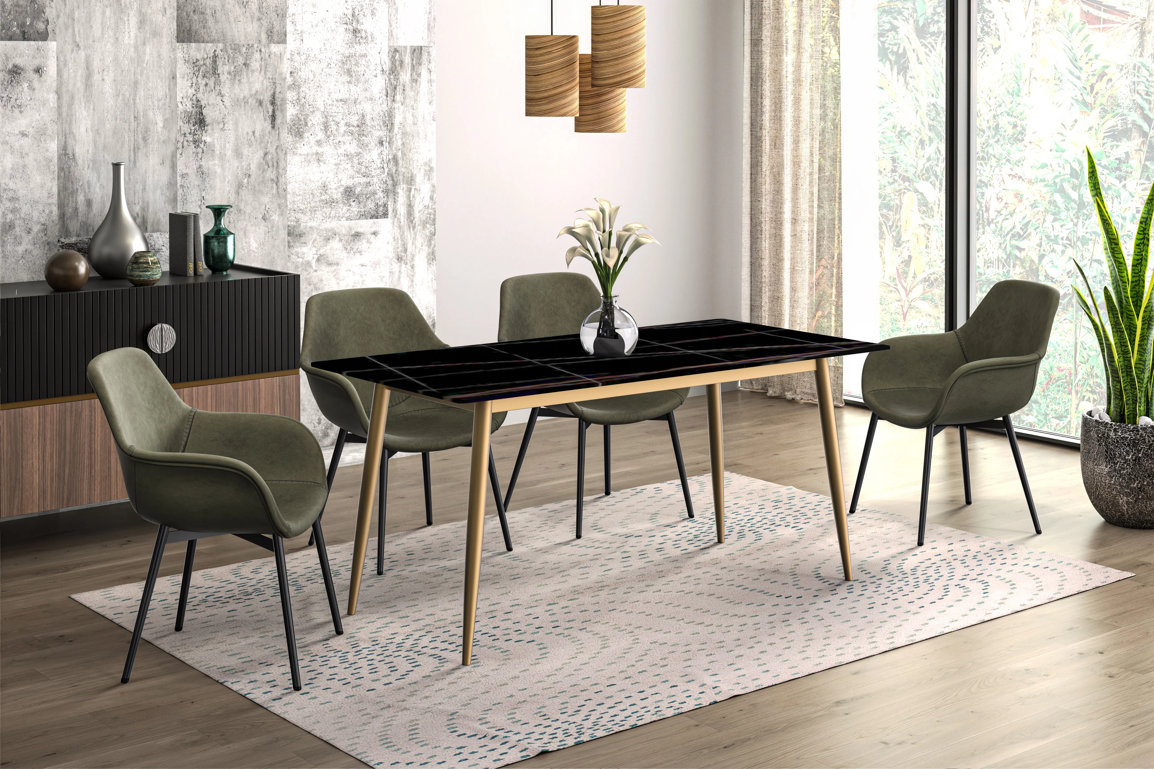 Zayle Series Modern Dining Table Brushed Gold Base, With 71 Black/Gold Sintered Stone Top